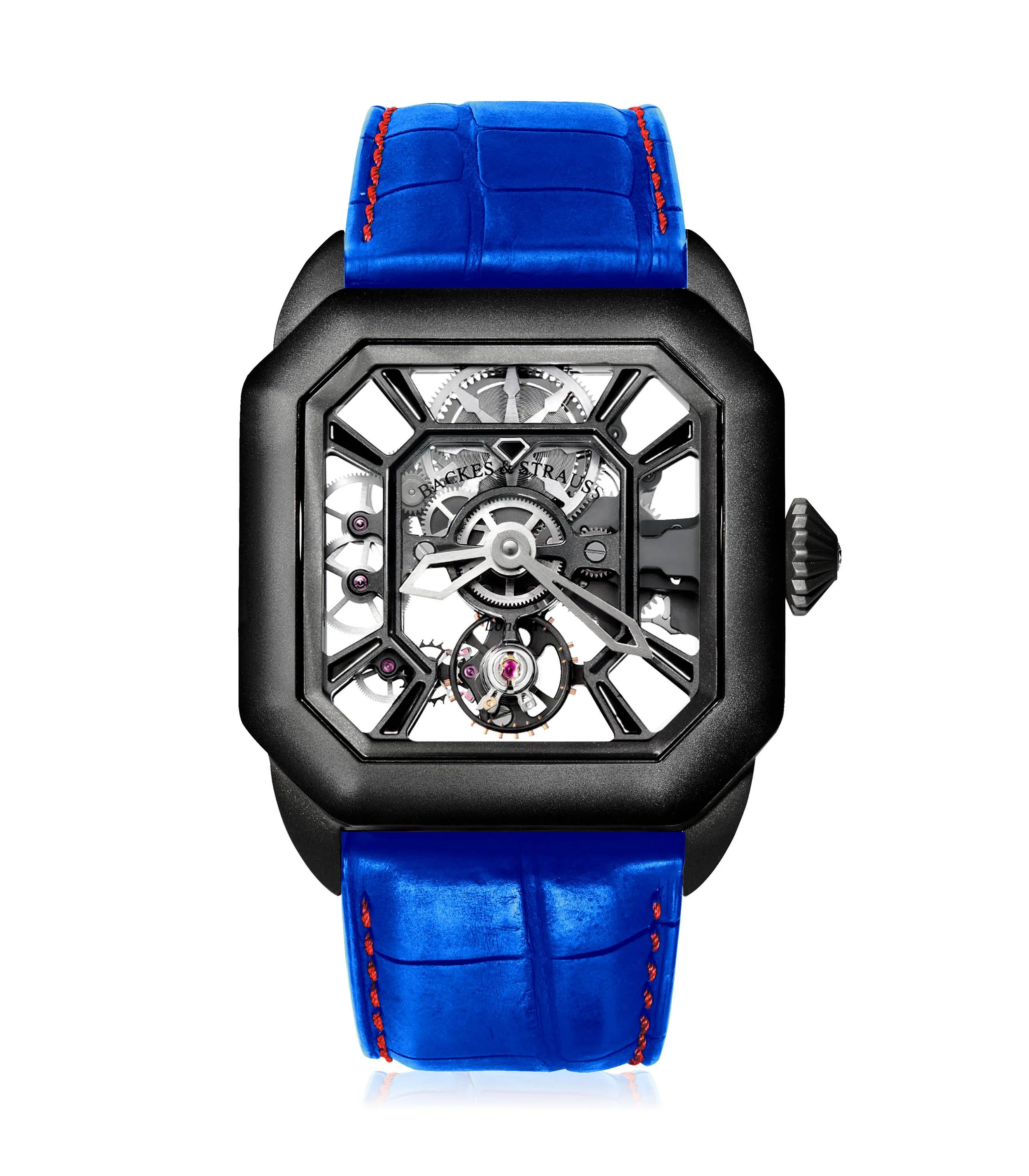 Backes & Strauss Helios Black — Blue Strap with Red Stitches