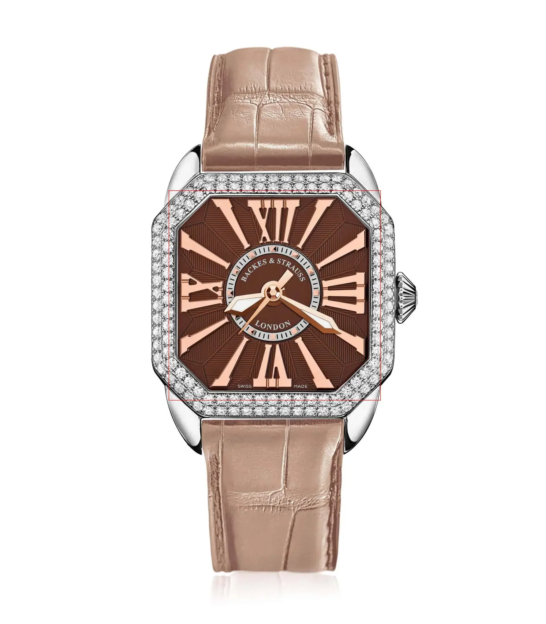 Sophisticated Berkeley diamond dress watch with square case, diamond bezel, and classic brown dial.webp