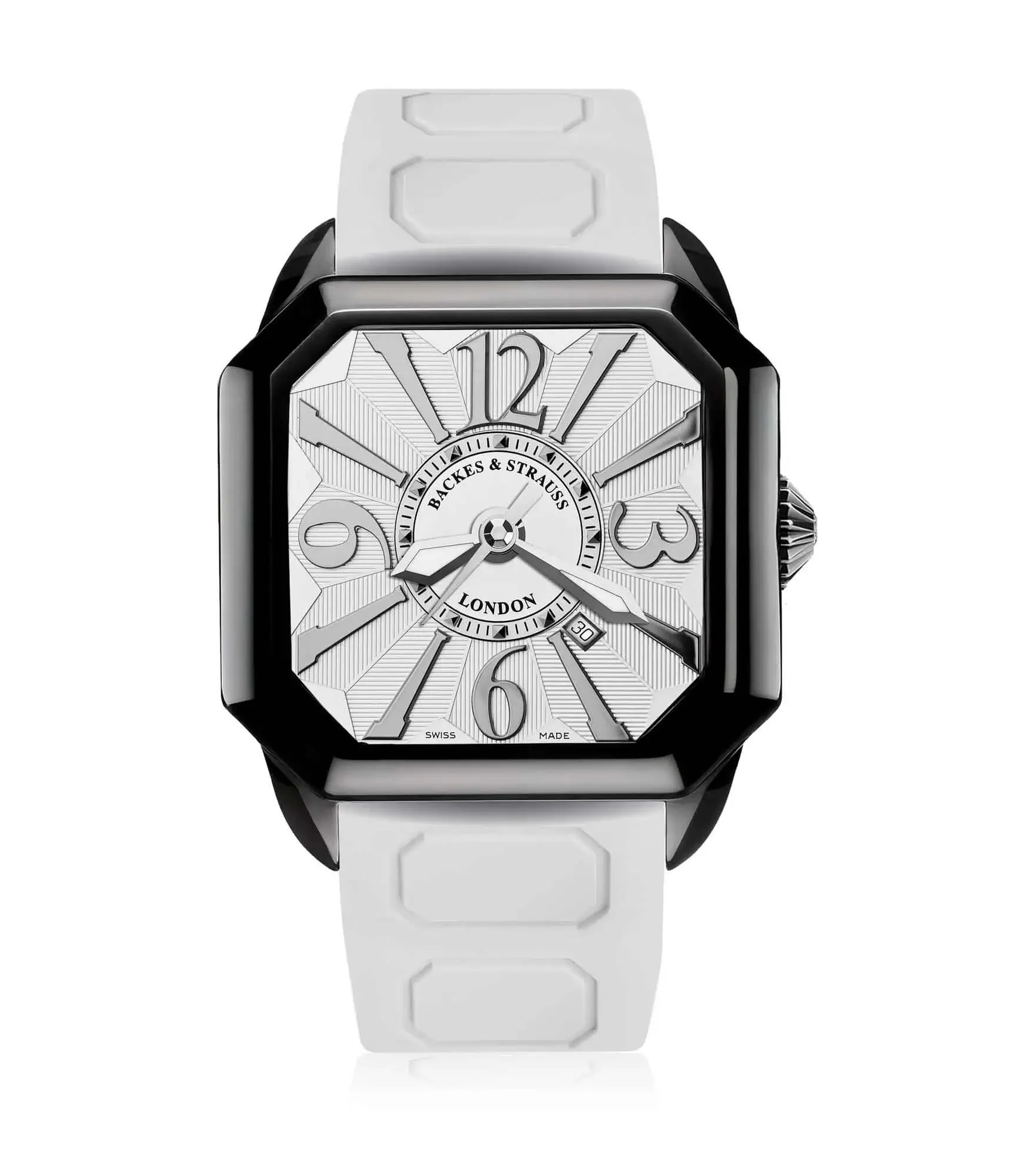 Berkeley square case automatic watch with white rubber strap and refined white dial.webp