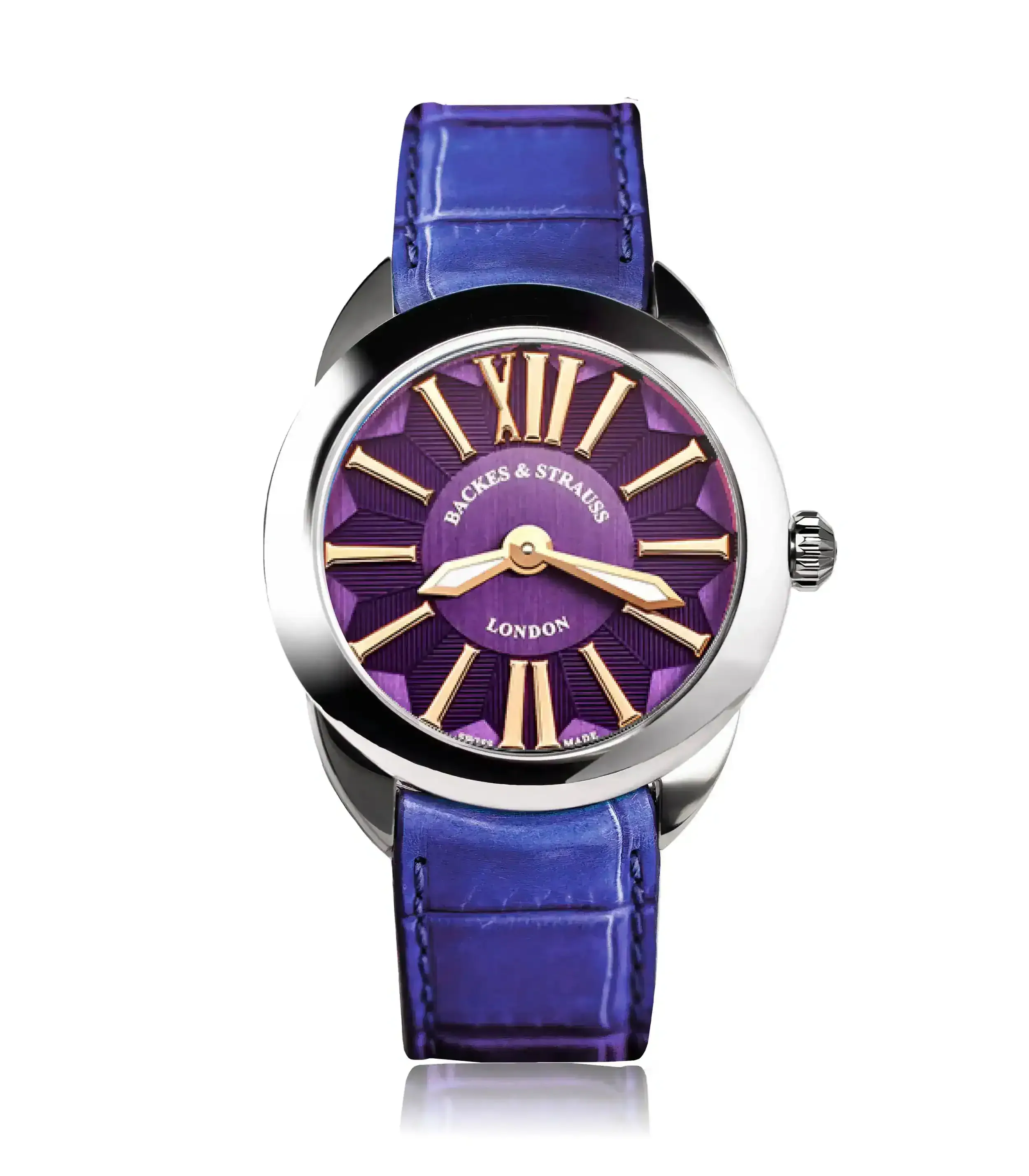Premium stainless steel diamond wristwatch with vibrant purple dial and leather band.webp