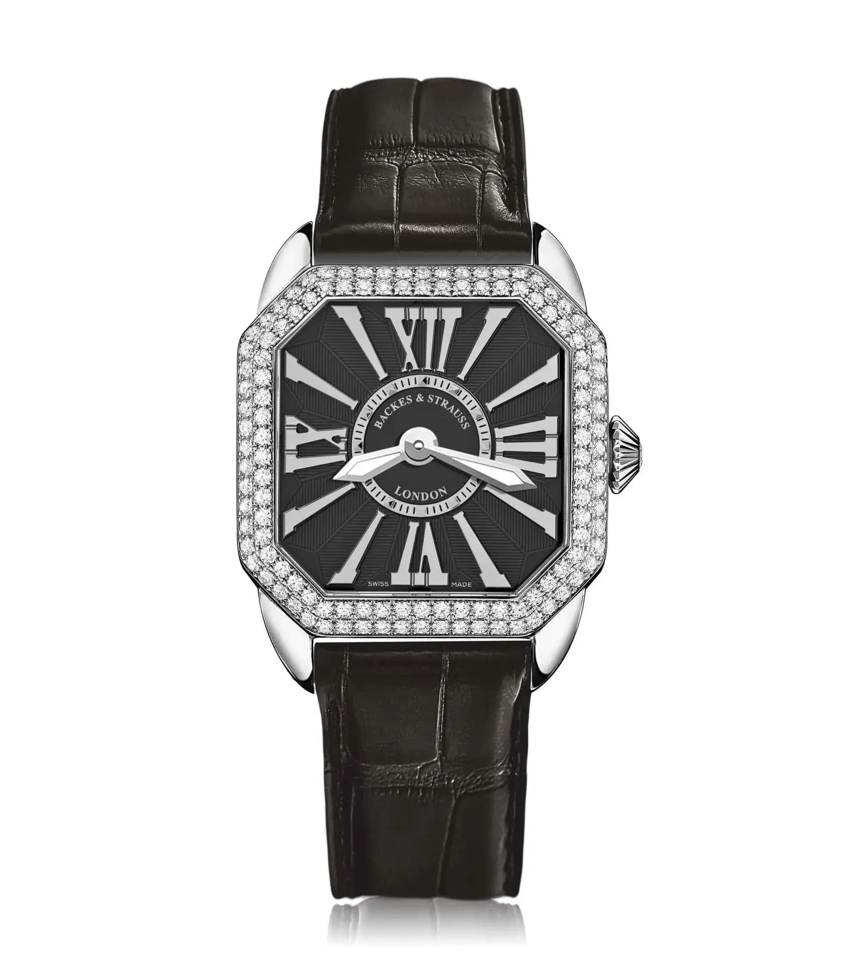 Berkeley Swiss made ladies watch with square case, diamond-set crown, and refined black dial.webp