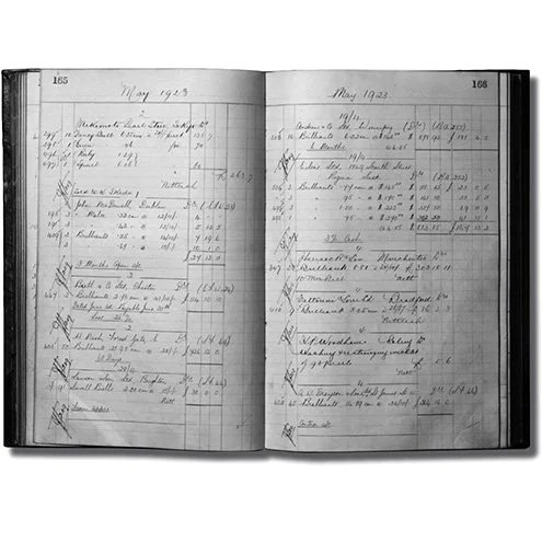 Backes & Strauss day book record of diamond purchase from Mikimoto Pearls in 1923, documenting historic trade