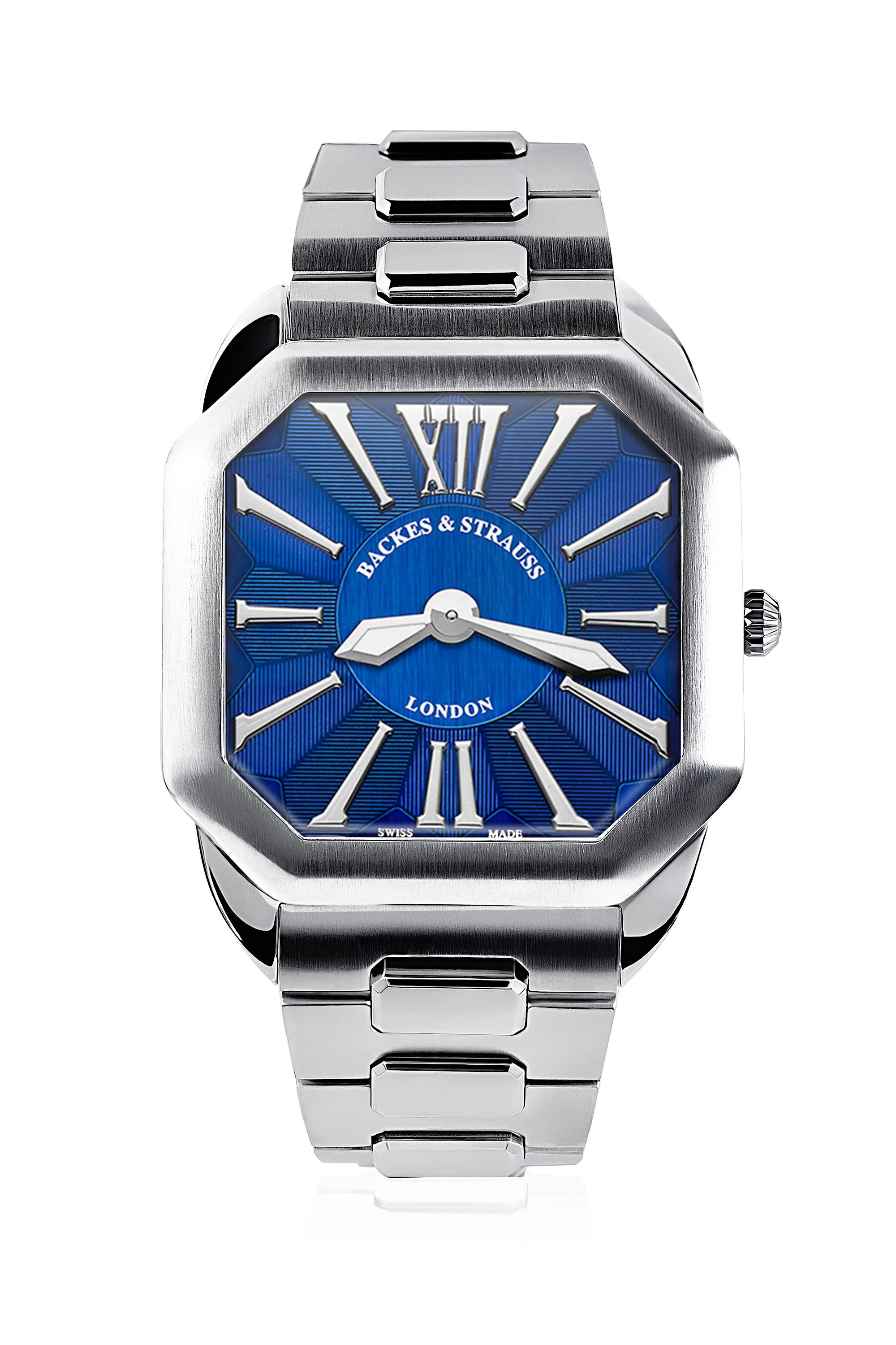 Luxury Swiss watch with blue dial and stainless steel bracelet.