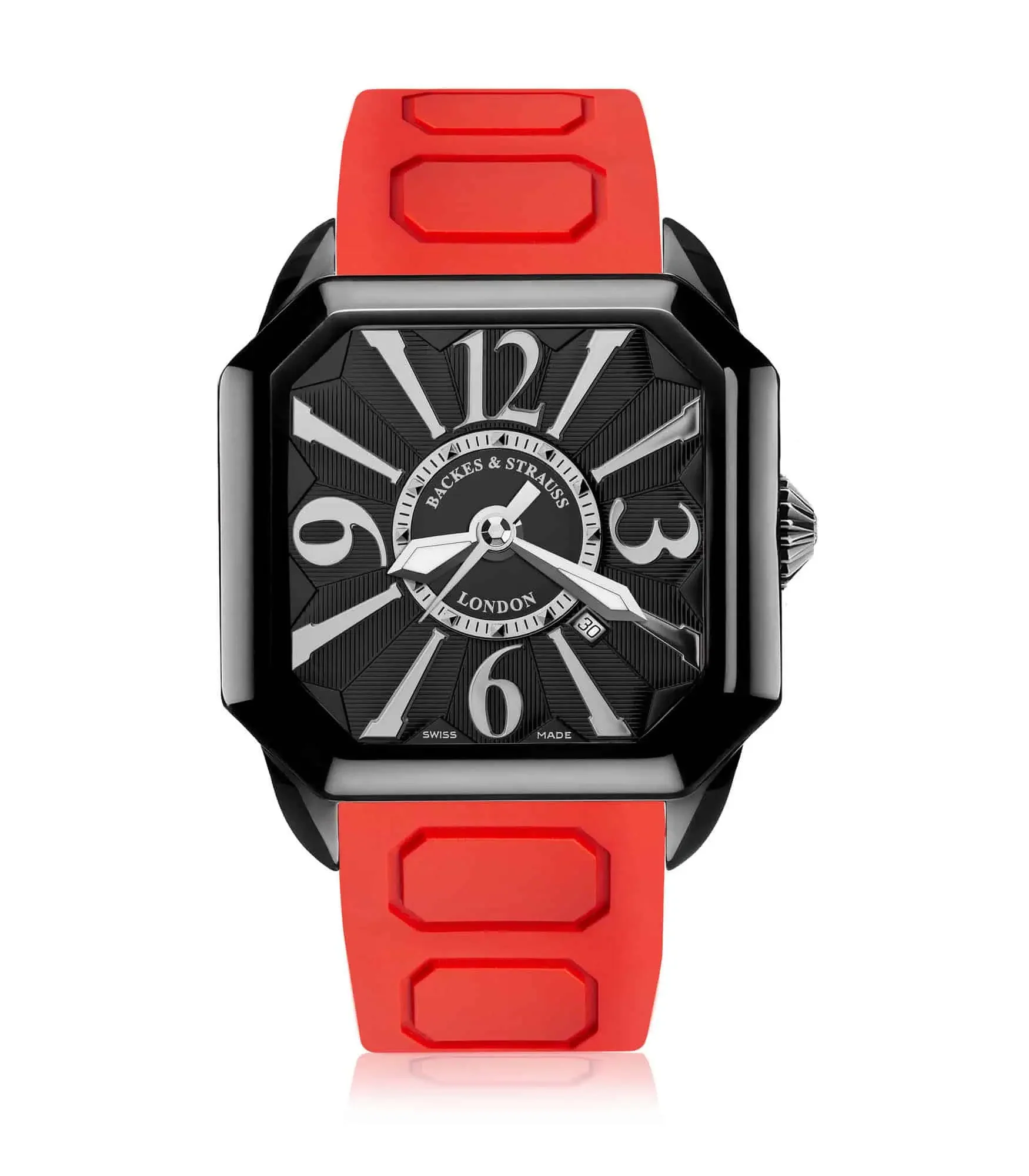 Berkeley everyday luxury watch for men with black PVD case and vibrant red rubber strap.webp