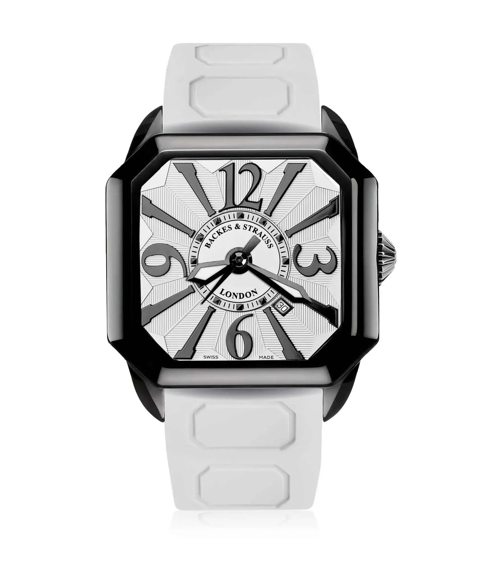 Berkeley men’s automatic watch with black PVD steel case, white dial, and white rubber strap.webp