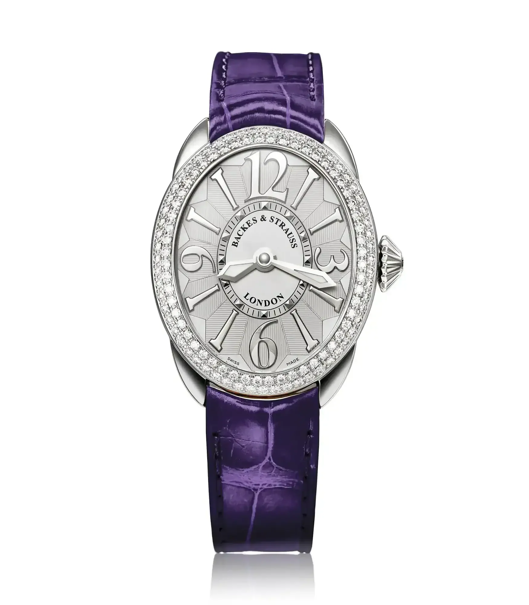 Regent female luxury watch with white dial, oval steel case, and dark purple leather strap.webp