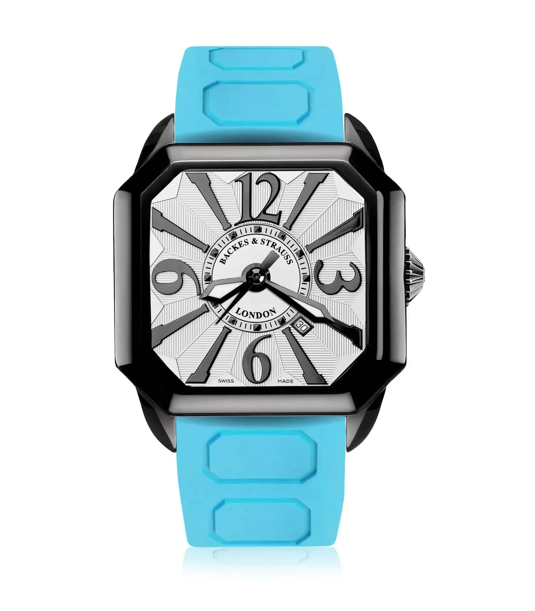 Berkeley men’s automatic watch with black PVD steel case, white dial, and cyan blue rubber strap.webp