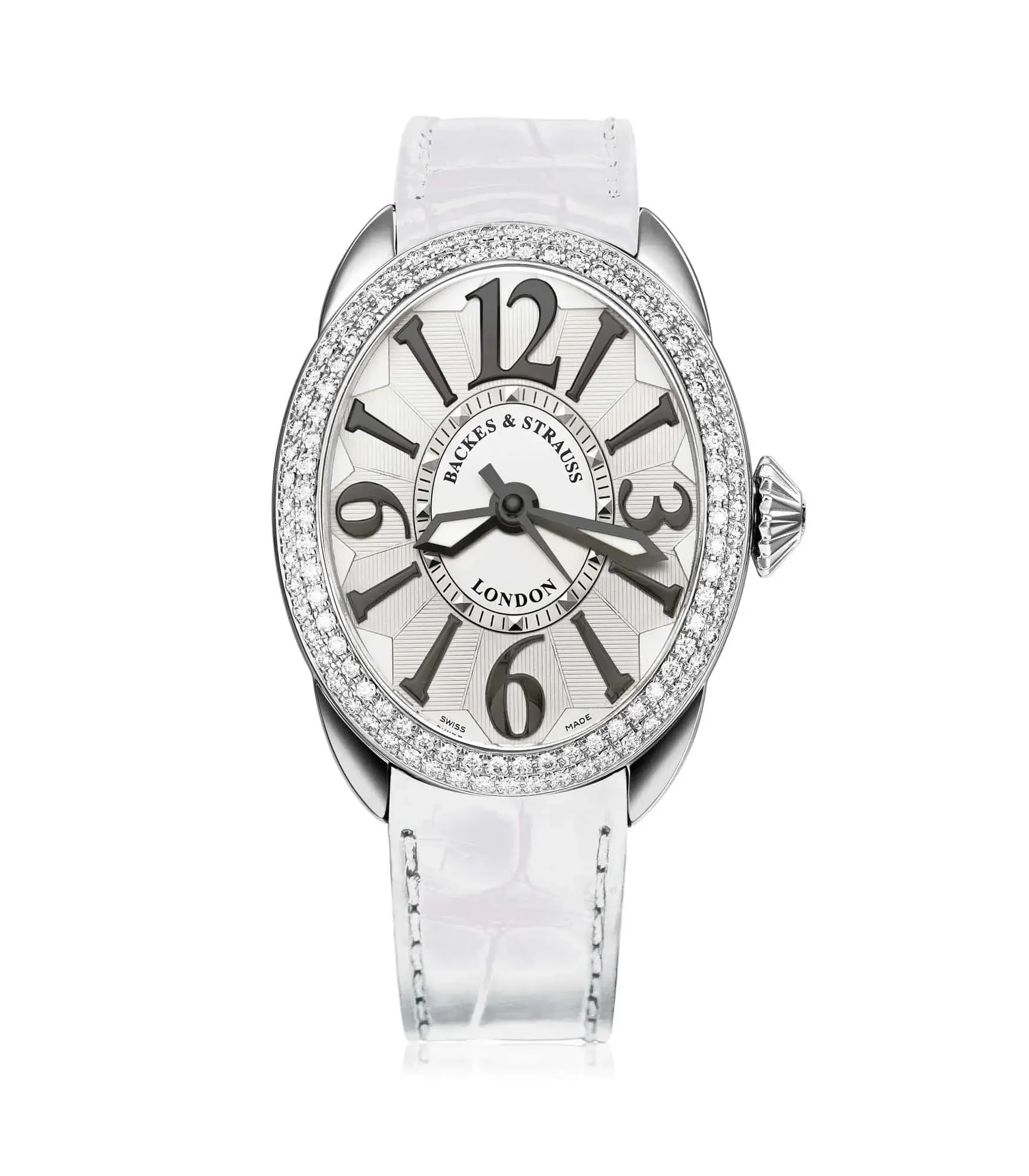 Women’s Regent 3643 diamond watch with oval steel case, leather strap, and polished numerals.webp