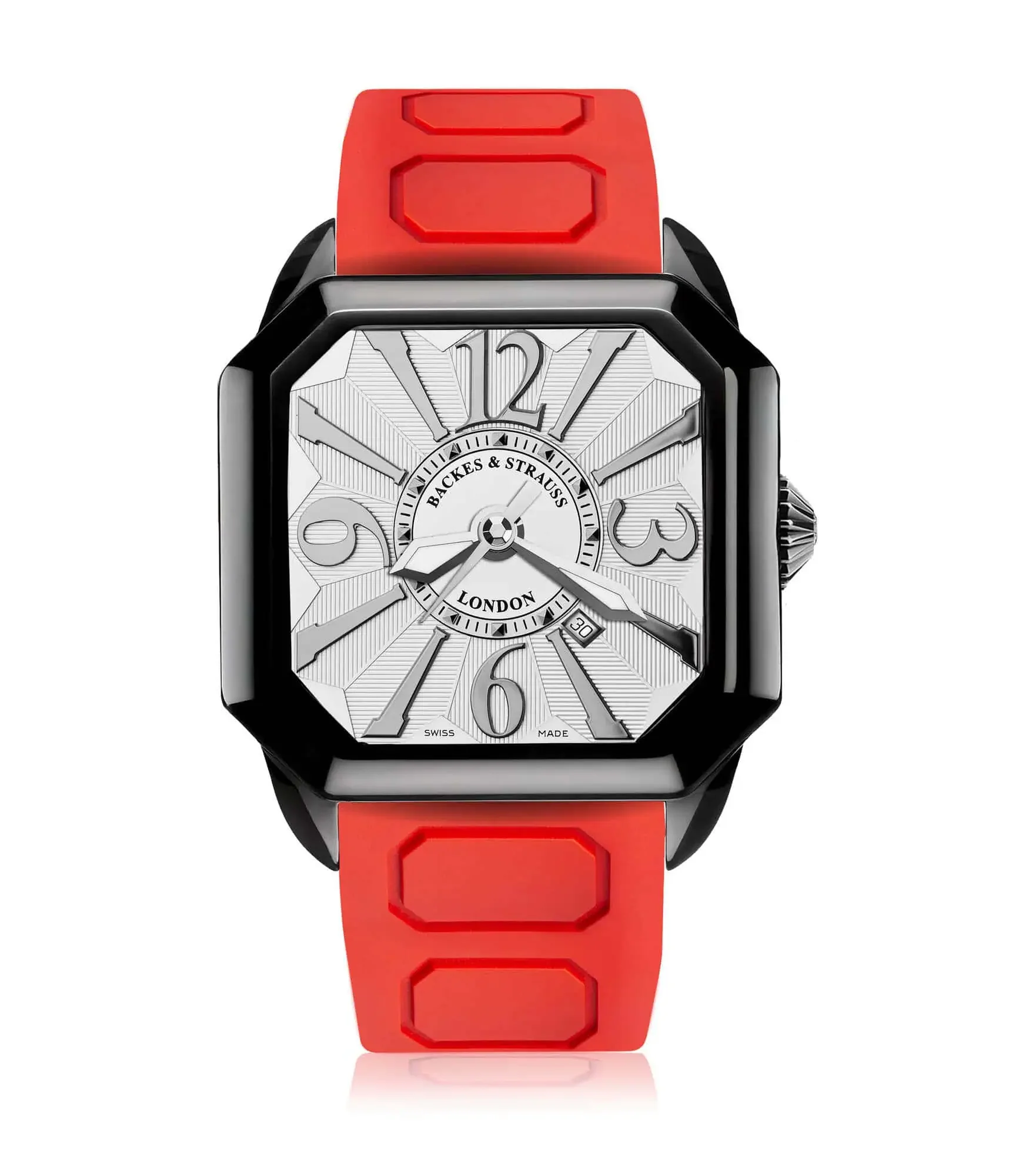 Berkeley square case automatic watch with red rubber strap and refined white dial.webp