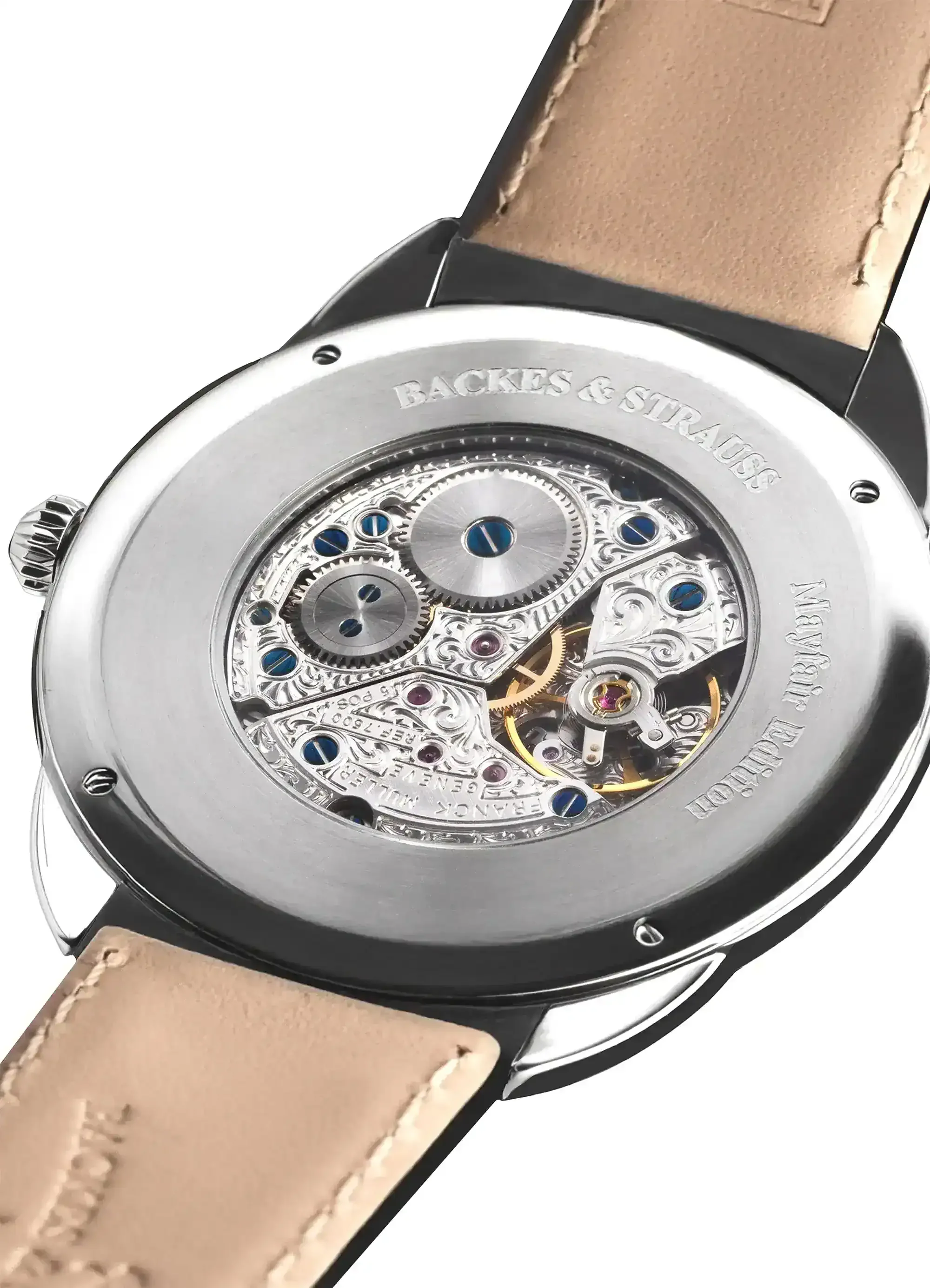 Swiss mechanical watch with transparent caseback and intricate hand-finished details.webp