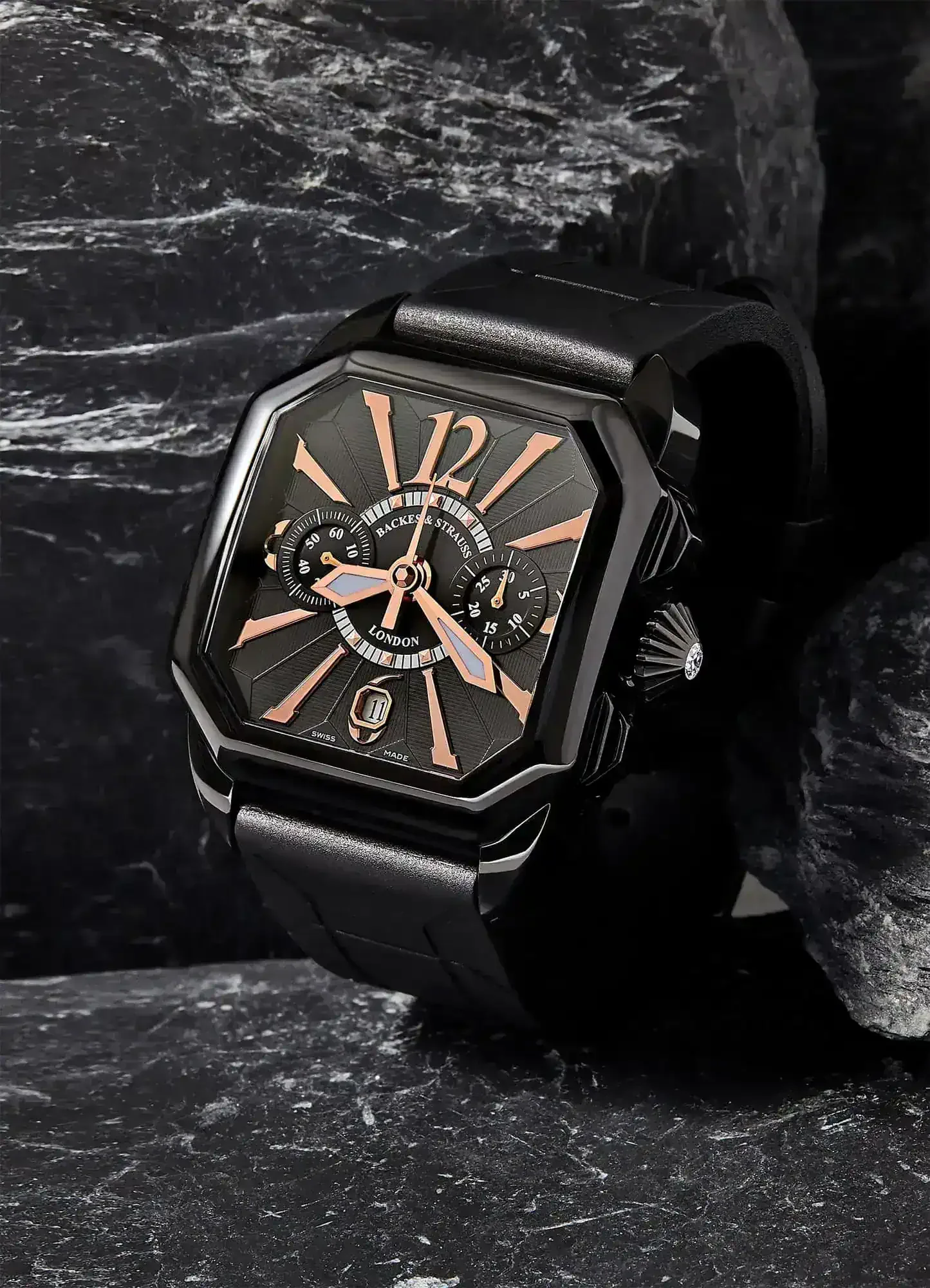 Berkeley men's watch on the side with chronograph movement and diamond-set crown.webp