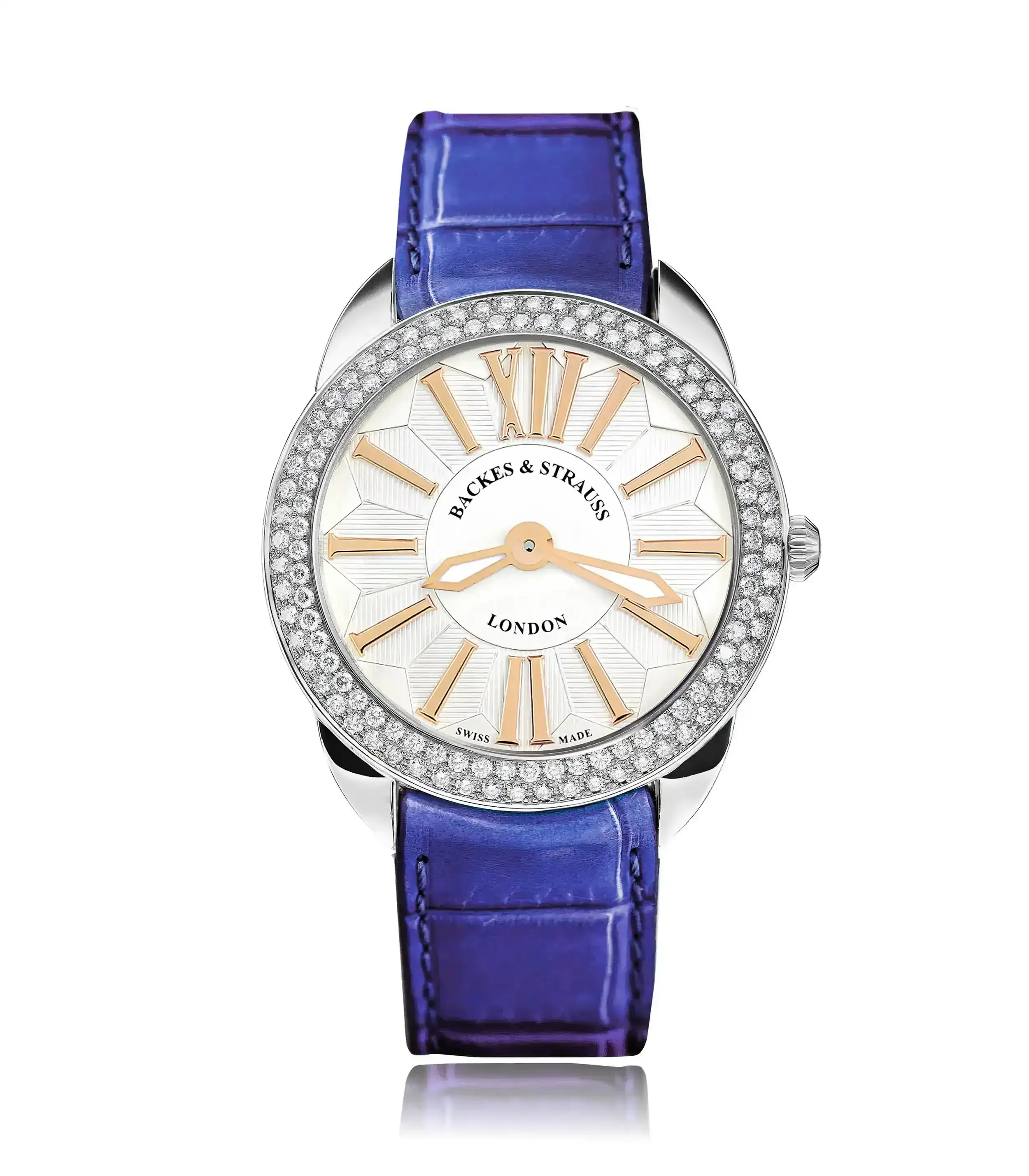 Sophisticated stainless steel dress watch with diamond case and blue leather strap.webp