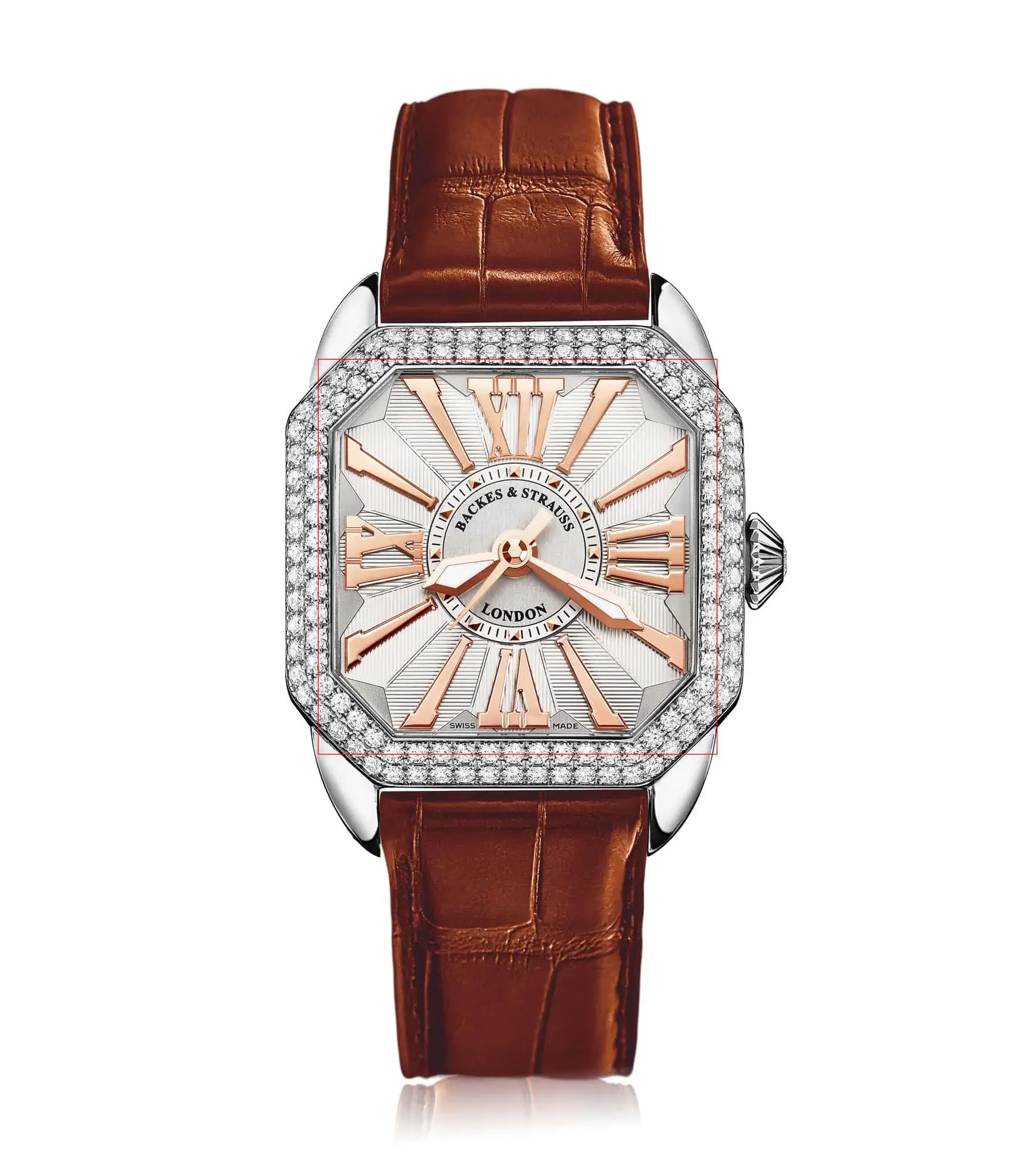Berkeley square case diamond dress watch with rose Roman numerals and luxury jewellery detailing.webp