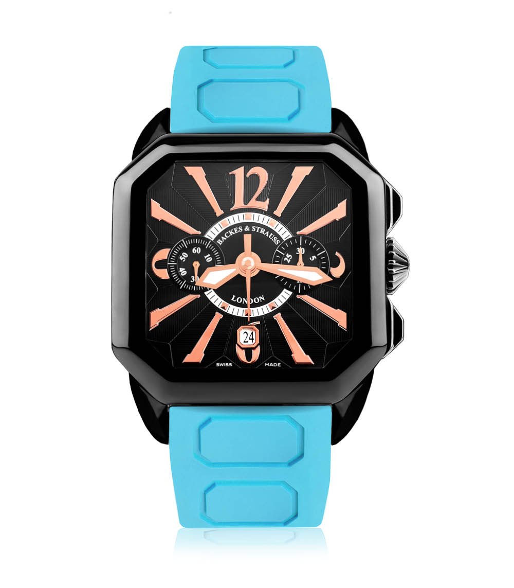 Berkeley everyday luxury chronograph watch with light blue rubber strap and black dial.jpg