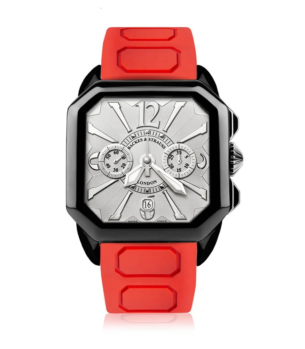Berkeley chronograph watch combining modern sporty design with black PVD case and red strap.jpg