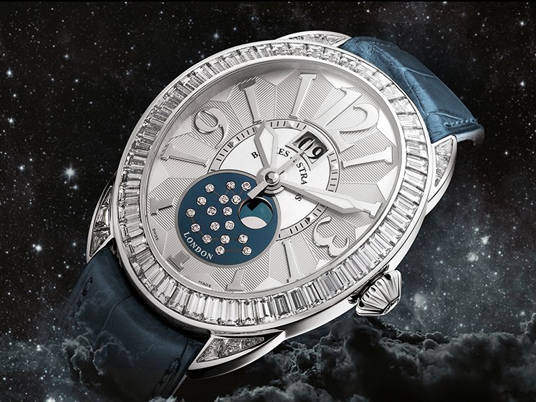 Regent 1609 AD white gold oval watch with baguette-cut diamonds, white dial date display and moon phase
