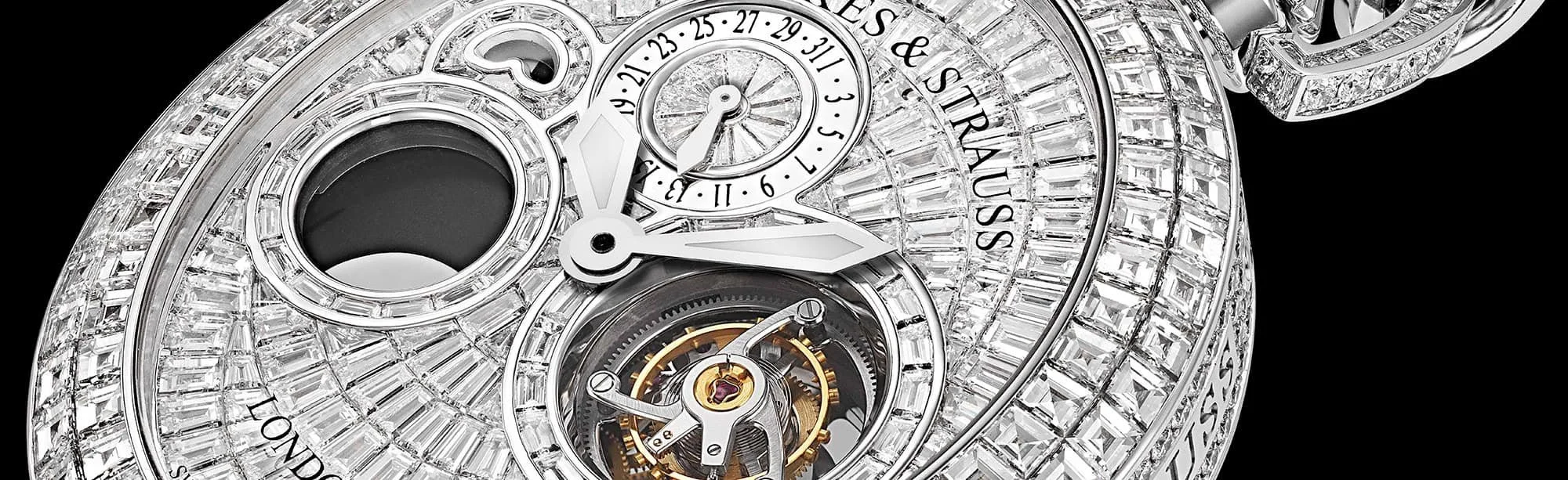 Backes & Strauss white gold pocket watch featuring baguette-cut diamonds, a skeleton movement, and luxury craftsmanship, presented by Regent Beau Brummell Member Club.