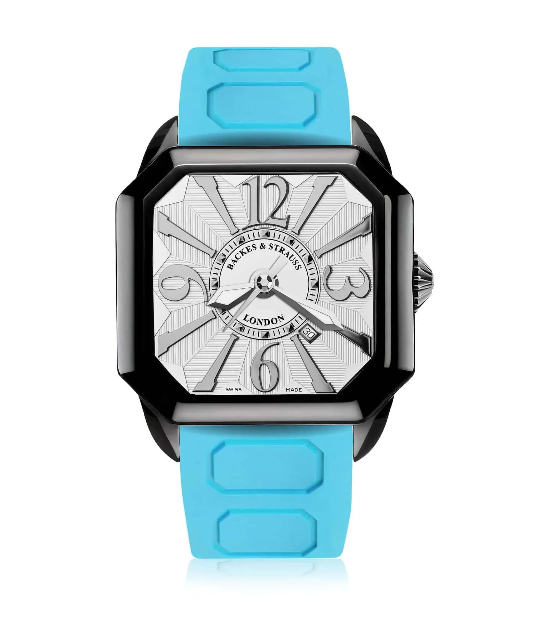 Berkeley square case automatic watch with blue rubber strap and refined white dial.webp