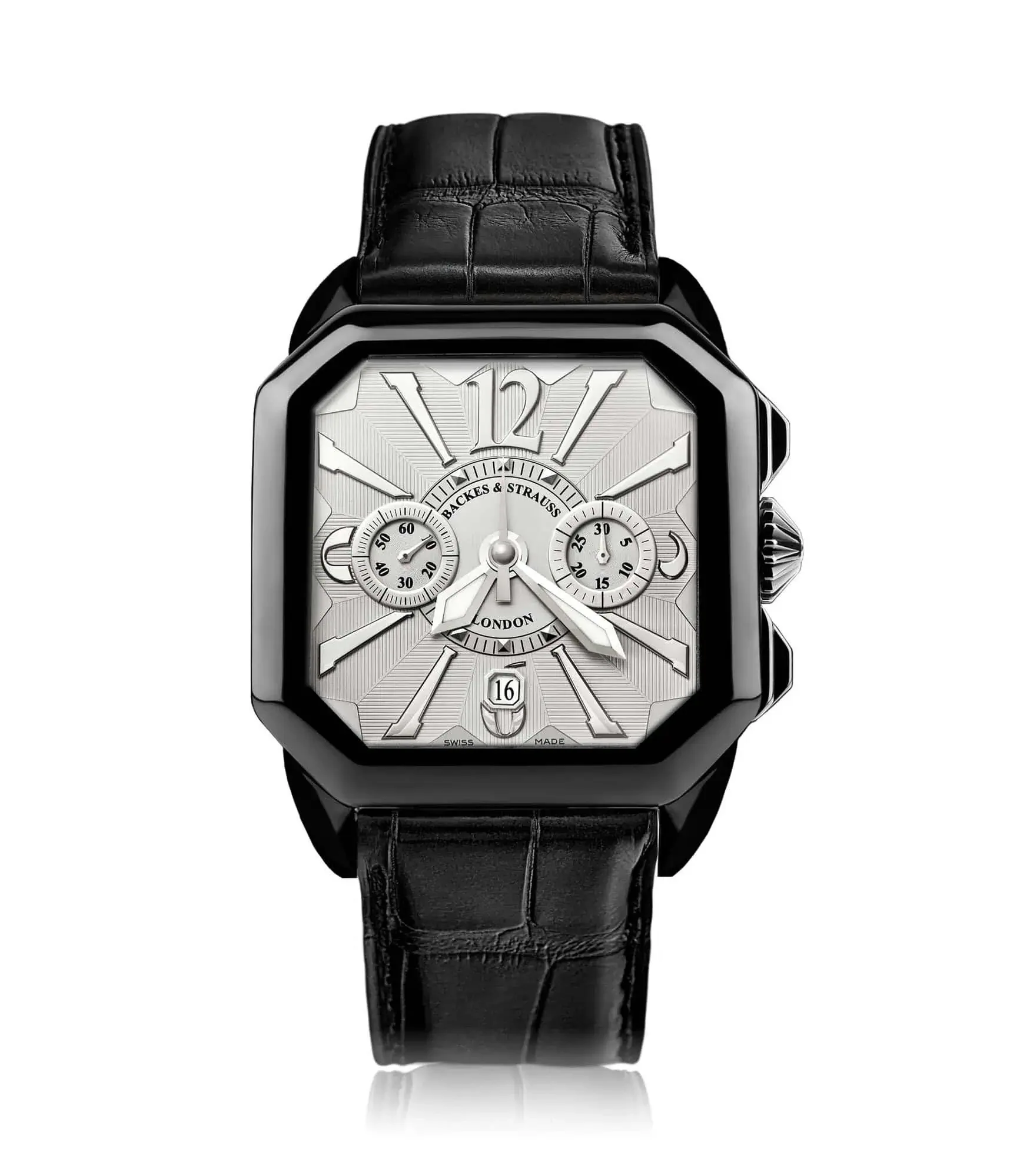 Berkeley square men’s chronograph with black PVD finish, leather strap, and white dial.webp