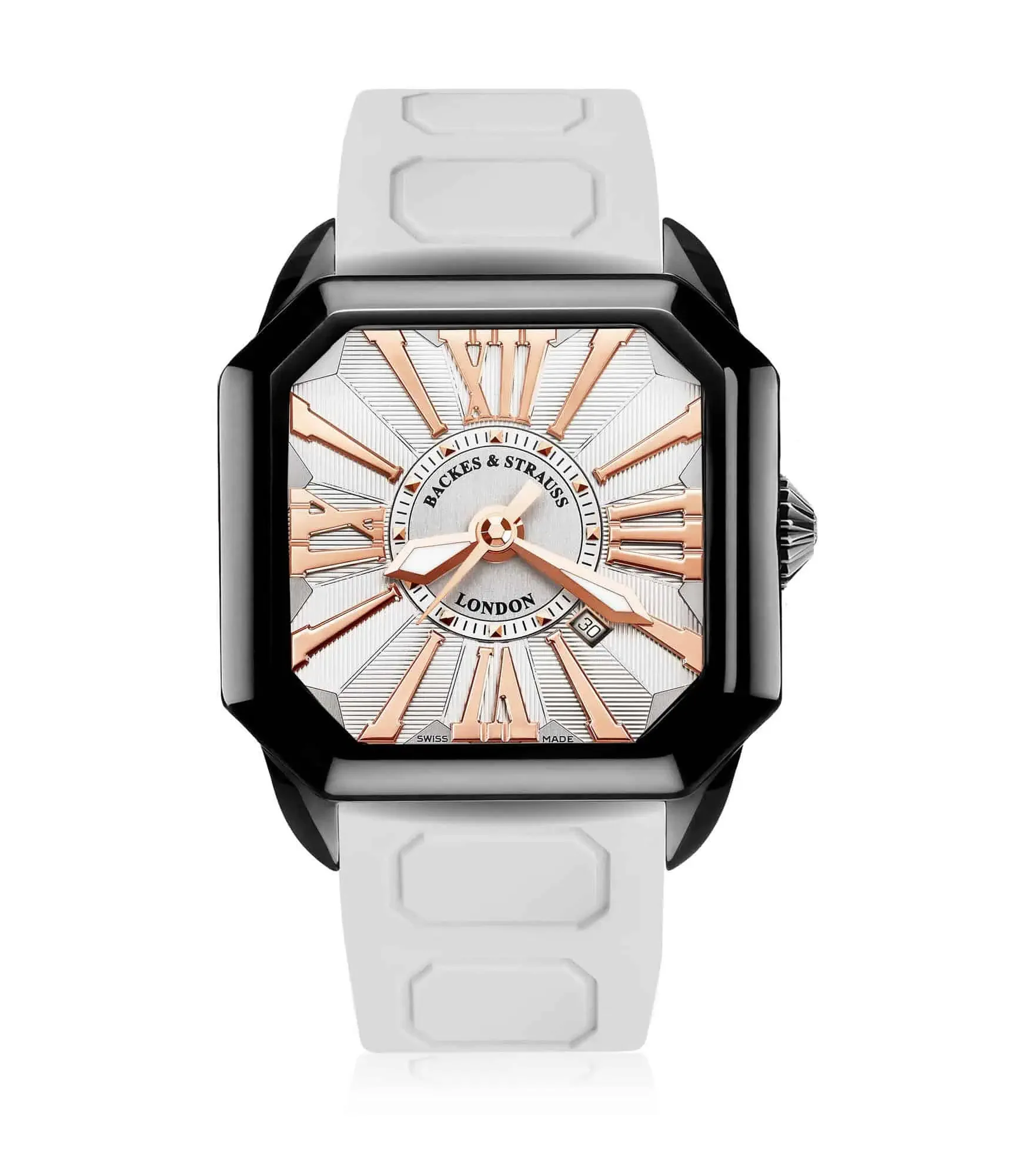 Elegant Berkeley men’s watch with white dial, polished Roman numerals, and sporty white strap.webp