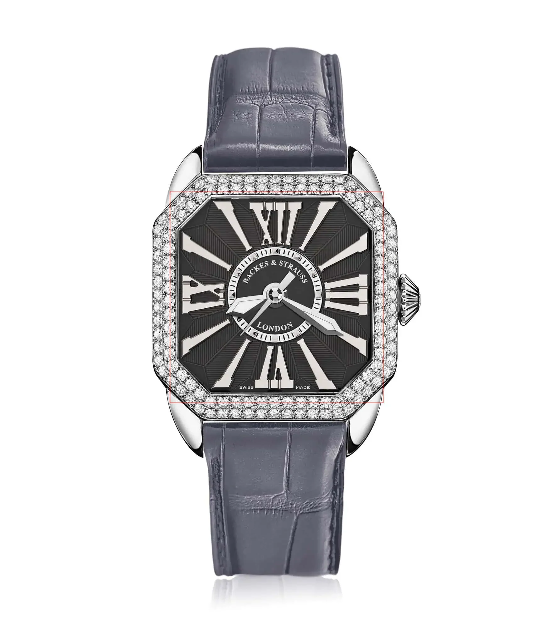 Elegant Berkeley ladies watch with diamond-set crown, white Roman numerals, and leather strap.webp