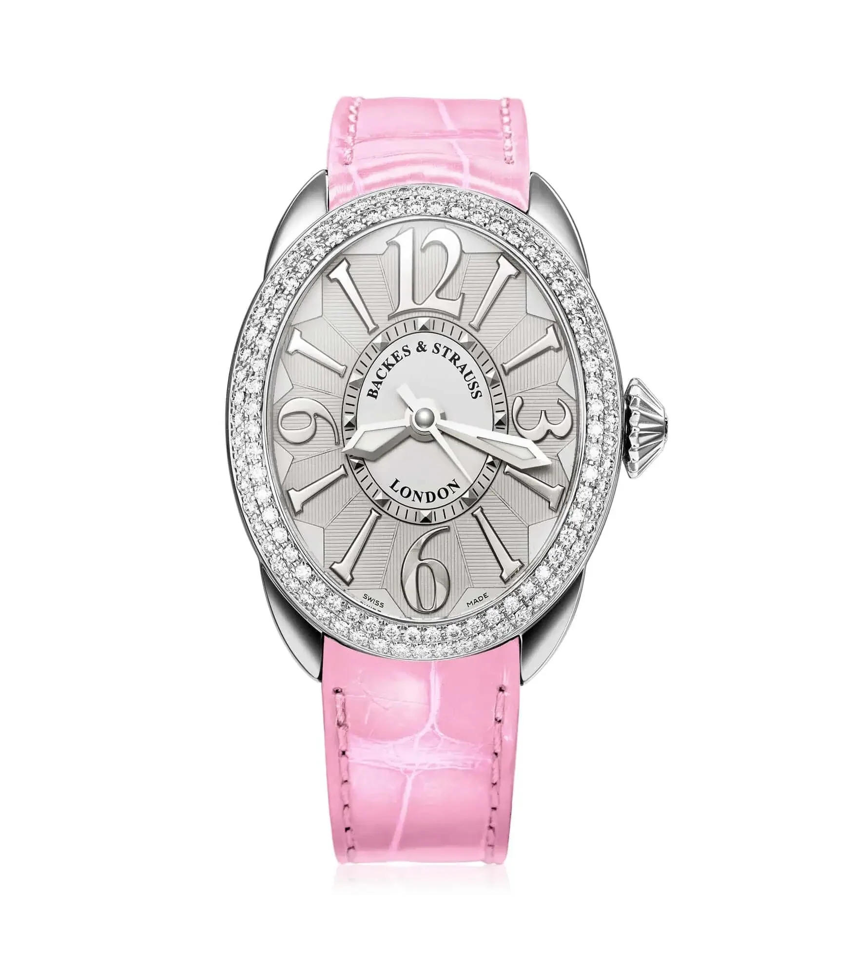 Regent 3643 oval women’s timepiece with Ideal Cut diamonds, leather strap, and polished steel case.webp