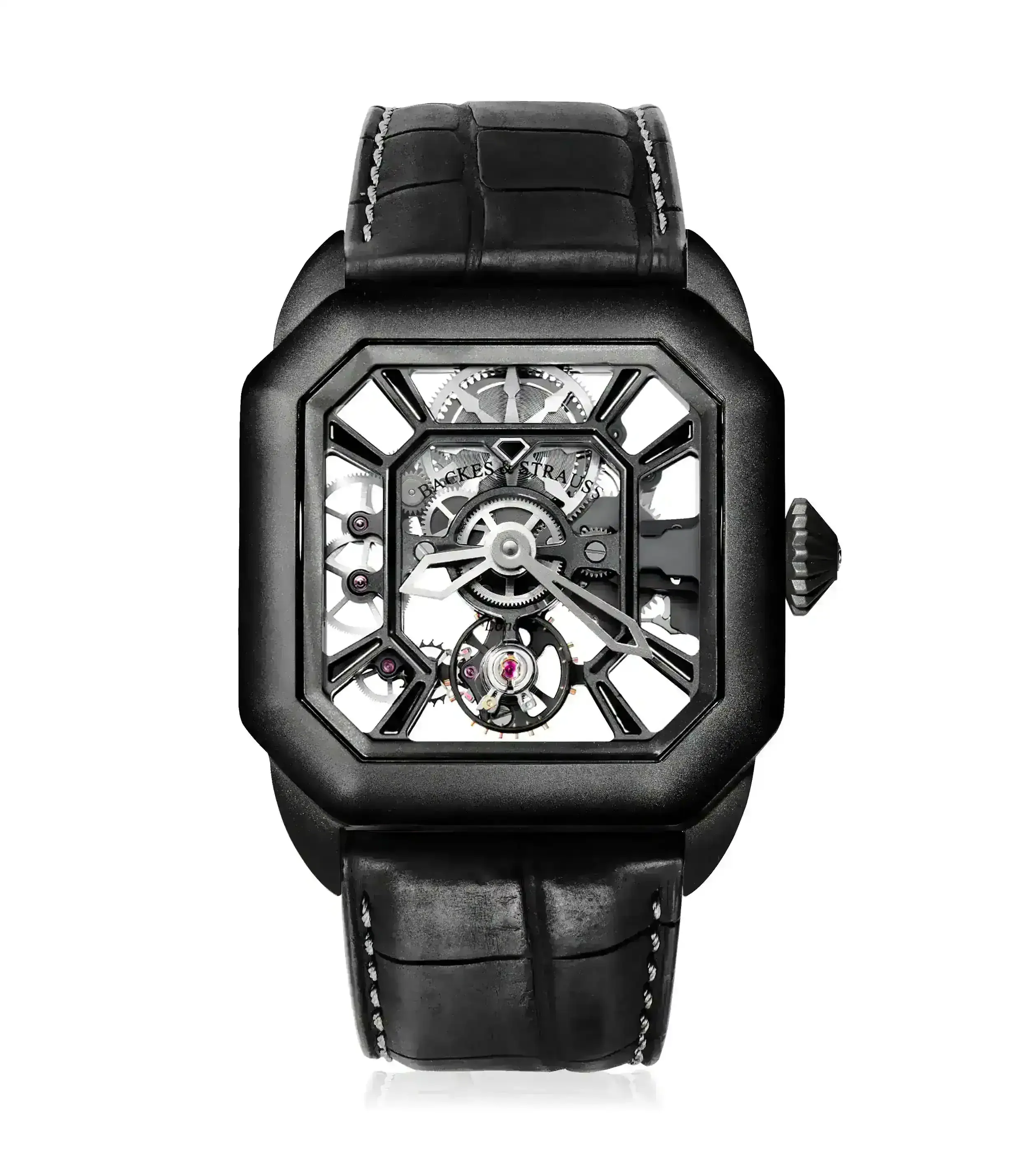 Elegant Swiss tourbillon watch with black leather strap and contrasting white stitching, front shot.webp