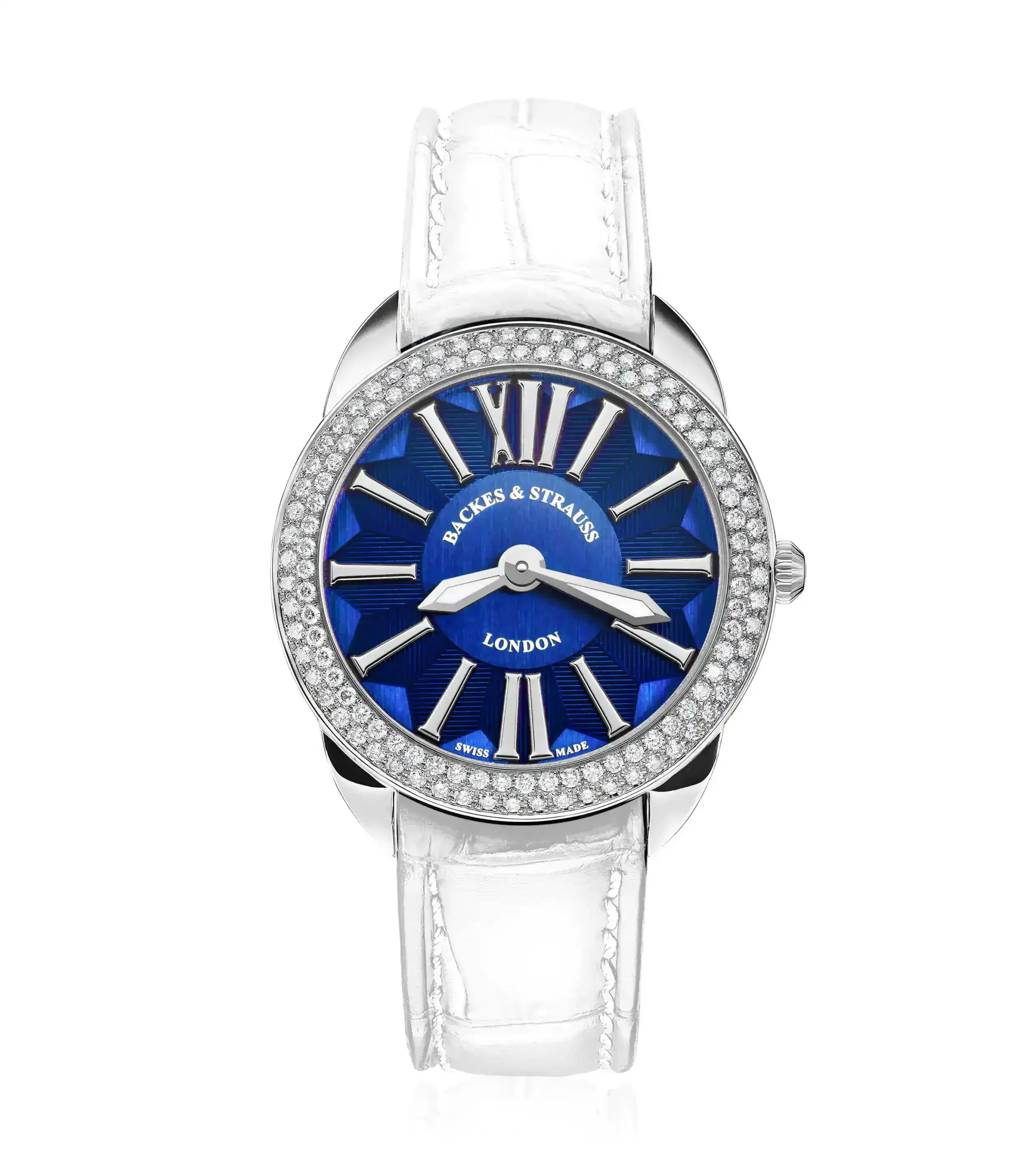 Timeless women’s dress watch with blue dial and Swiss design inspired by London elegance.webp