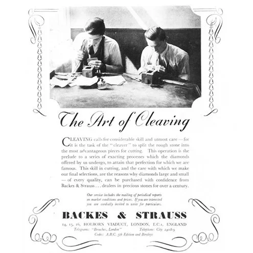 Backes & Strauss London diamond company advertising highlighting the art of diamond cleaving and craftsmanship