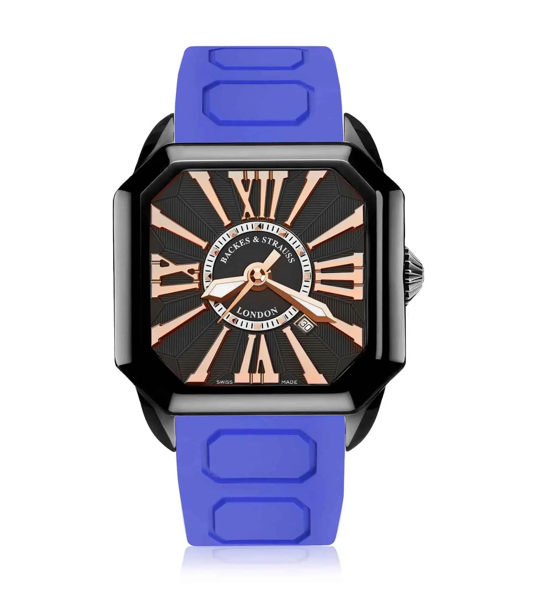 Berkeley automatic square watch with diamond-set crown and minimalist black dial design.webp