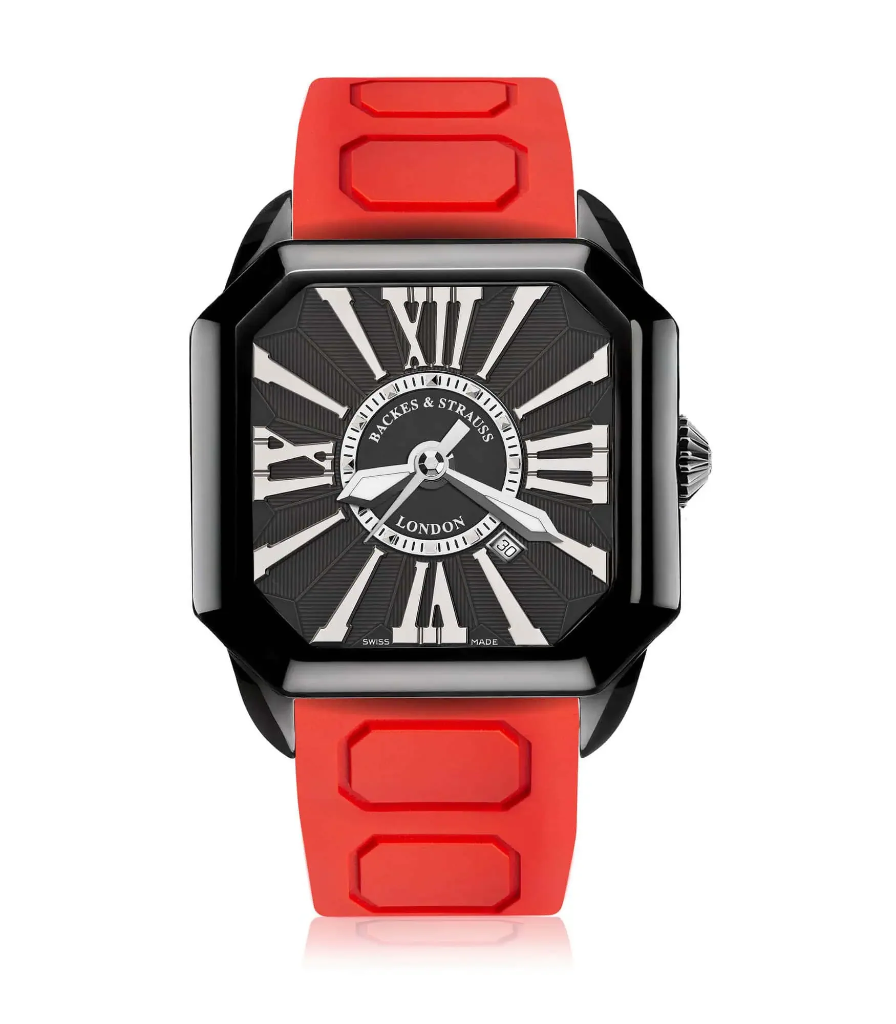 Men’s Berkeley luxury watch with black PVD steel case,red strap, and timeless black dial.webp