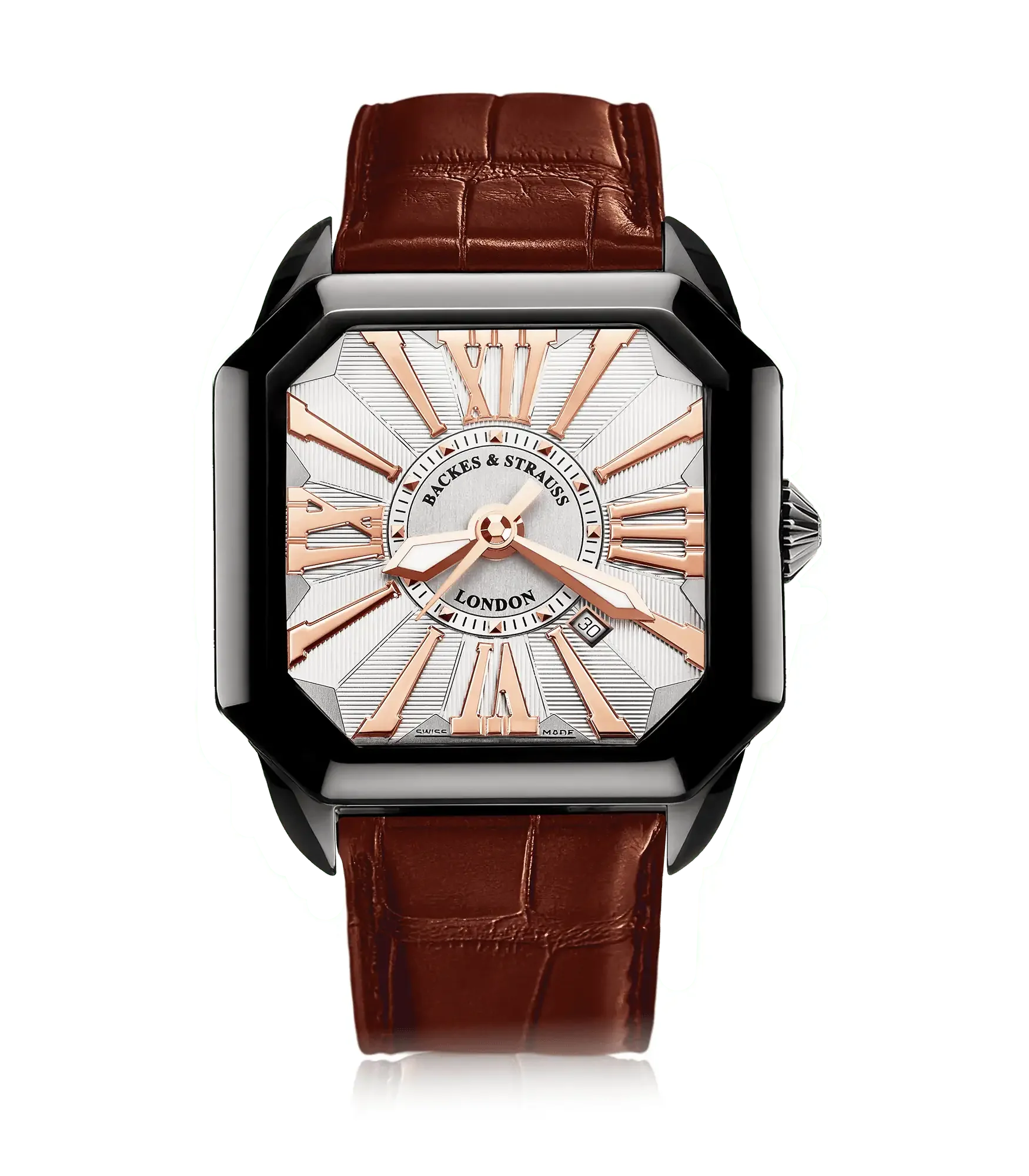 Berkeley 43mm automatic watch for men with square black PVD steel case and white dial.webp.webp