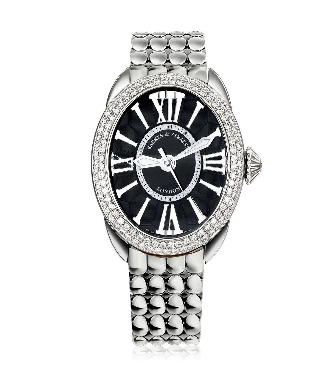 Regent 3238 elegant women’s watch with diamond-set case, polished steel bracelet, and refined black dial.jpg