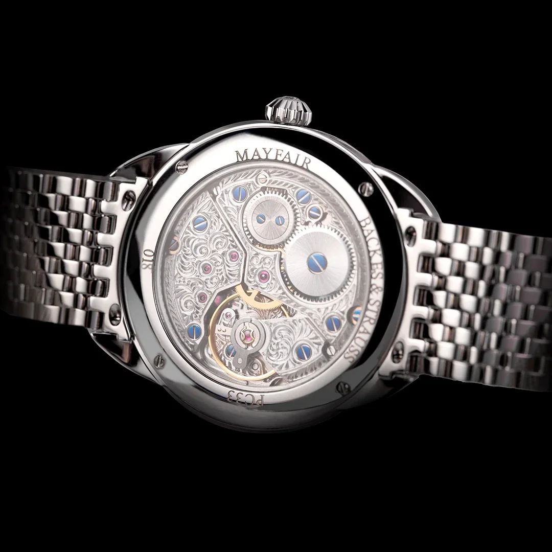 Mayfair caseback with open decorated mechanical movement, made in Switzerland.webp