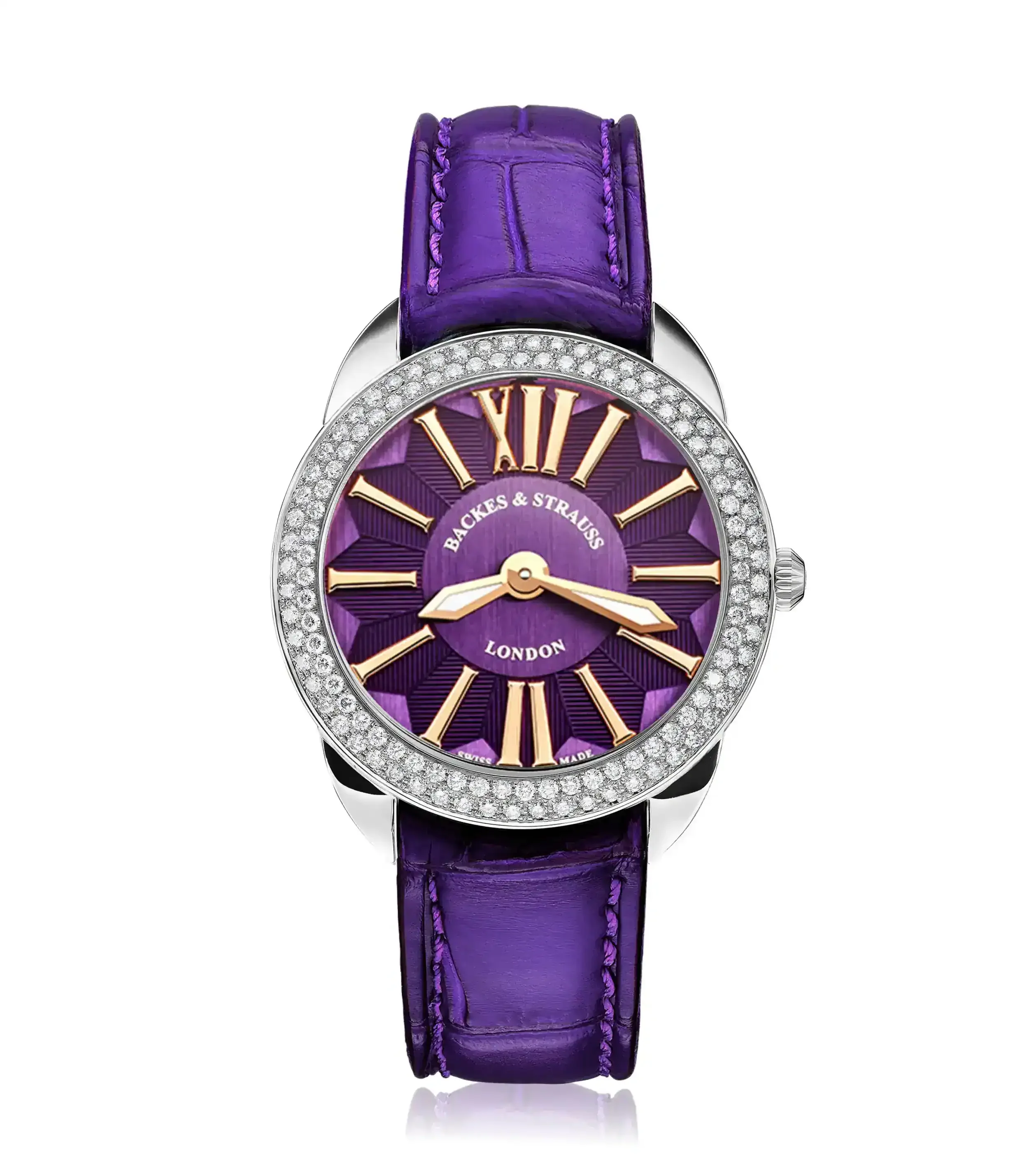 Luxury Swiss wristwatch for women with minimalist purple dial and London-inspired design.webp