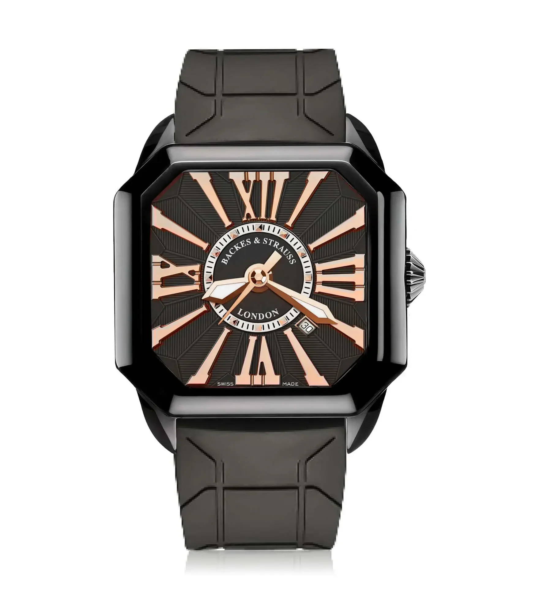 Berkeley 43mm automatic watch for men with black PVD steel case, black dial, and black rubber strap.webp