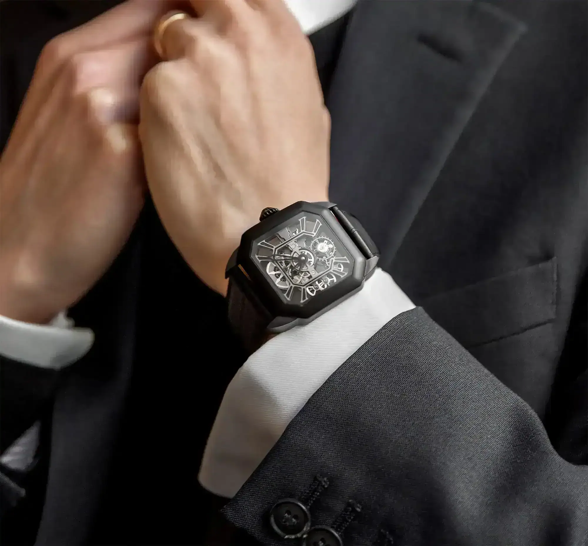 Bespoke Swiss tourbillon timepiece in black Titan case styled on a gentleman’s wrist.webp