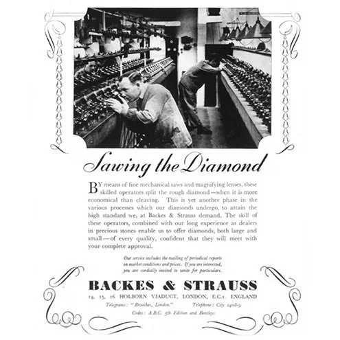 Sawing the diamond at Backes & Strauss London, showcasing precision craftsmanship in diamond cutting