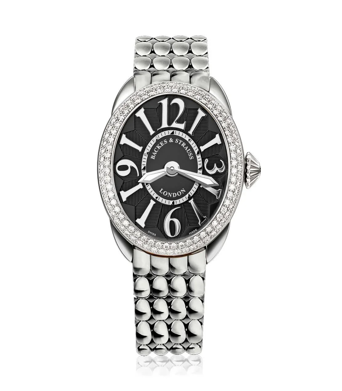 Elegant Regent 2833 ladies watch with black dial, hand-polished numerals, and diamond crown.webp