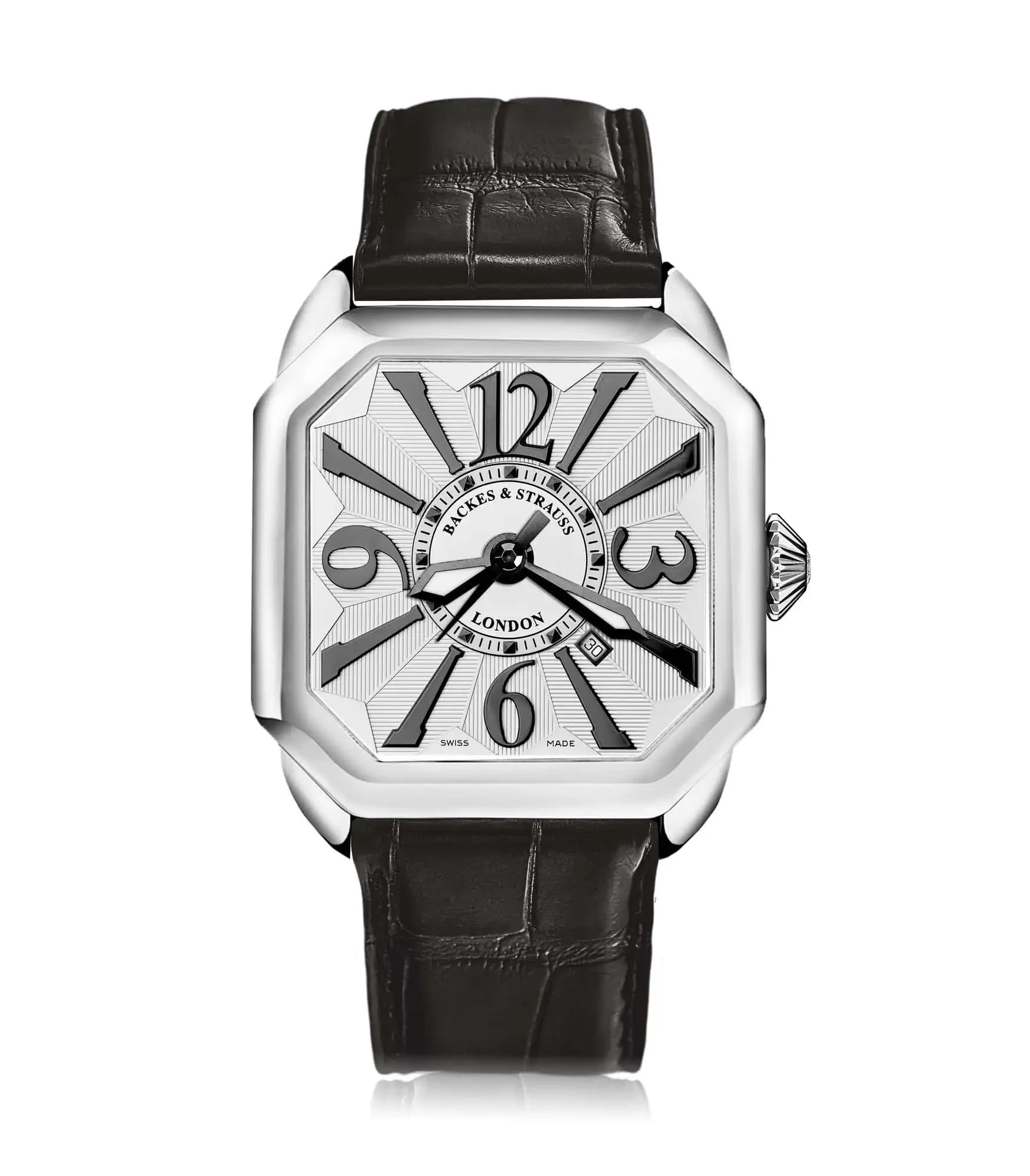 Sophisticated Berkeley men’s luxury watch with square case, white dial, and diamond crown detail.webp