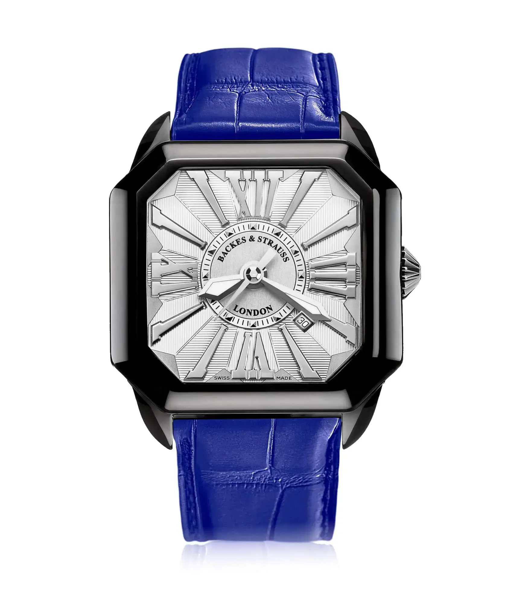 Berkeley Swiss made automatic watch with square black PVD steel case and diamond-set crown.webp