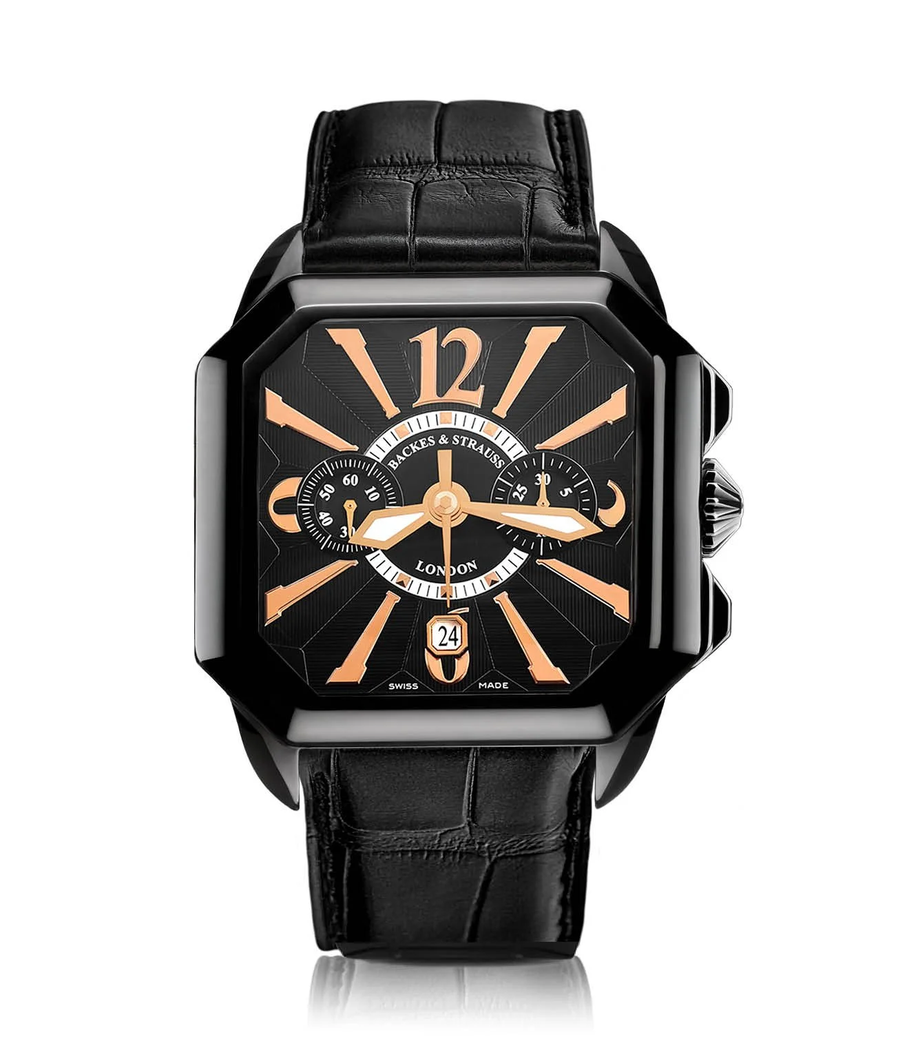 Berkeley square men’s chronograph with black PVD finish, leather strap, and black dial.jpg