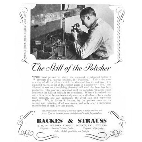 Advertisement featuring a man polishing diamonds at a workbench, emphasizing skill in polishing
