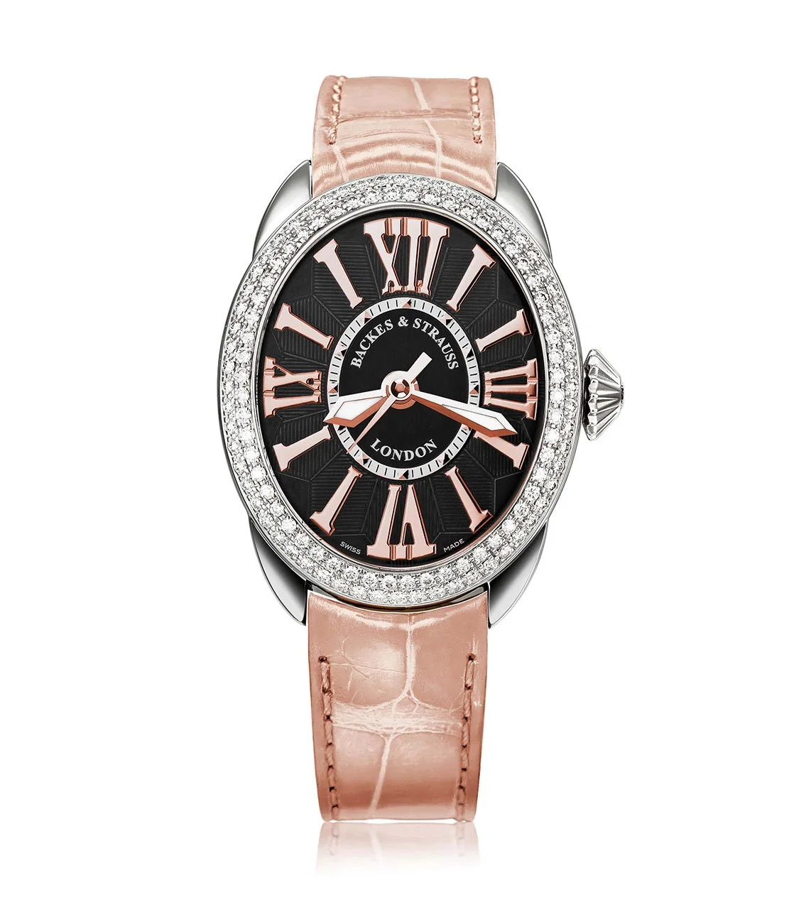 Regent 3238 women’s watch with black dial, oval stainless steel case, and leather strap.jpg