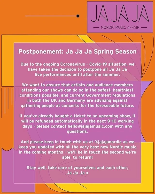 The @jajajanordic team has taken the decision to postpone all of Ja Ja Ja's live activities until after the summer. This will affect the Ja Ja Ja London show that was planned for March 27.

Please keep in touch over the spring/summer as we continue to support new Nordic artists by sharing their latest music with you! Please take care and see you when this is all over. 🙏🏼🧼🚿 #jajajalondon #icelandicmusic