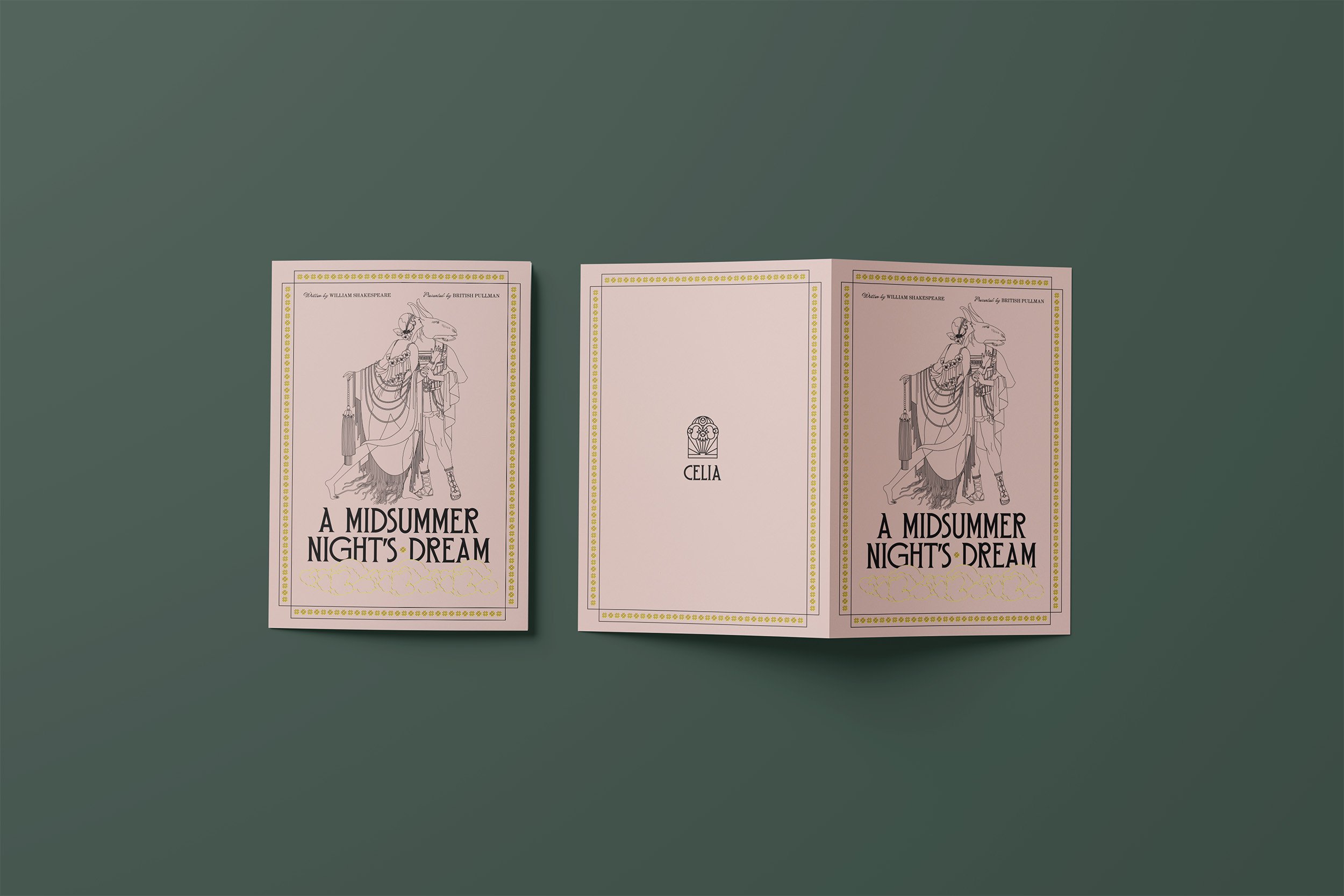 Open playbill design for “A Midsummer Night’s Dream” featuring illustrated figures and the ‘CELIA’ emblem, created for the British Pullman.
