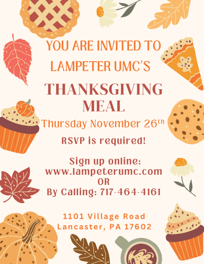 Free Community Thanksgiving Meal at Lampeter United Methodist Church on Thanksgiving Day