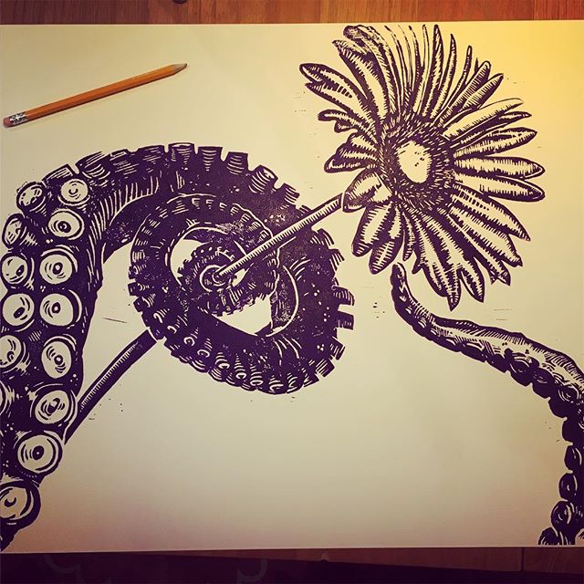 Pencil there for scale! #linocut #octopus