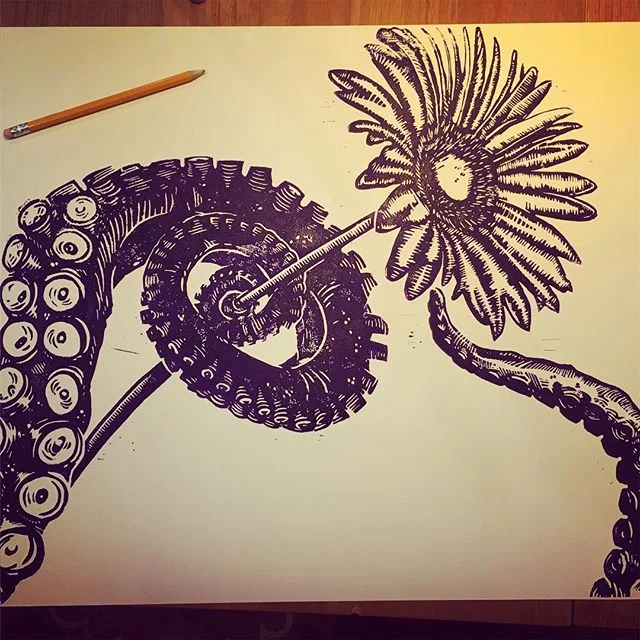 Pencil there for scale! #linocut #octopus