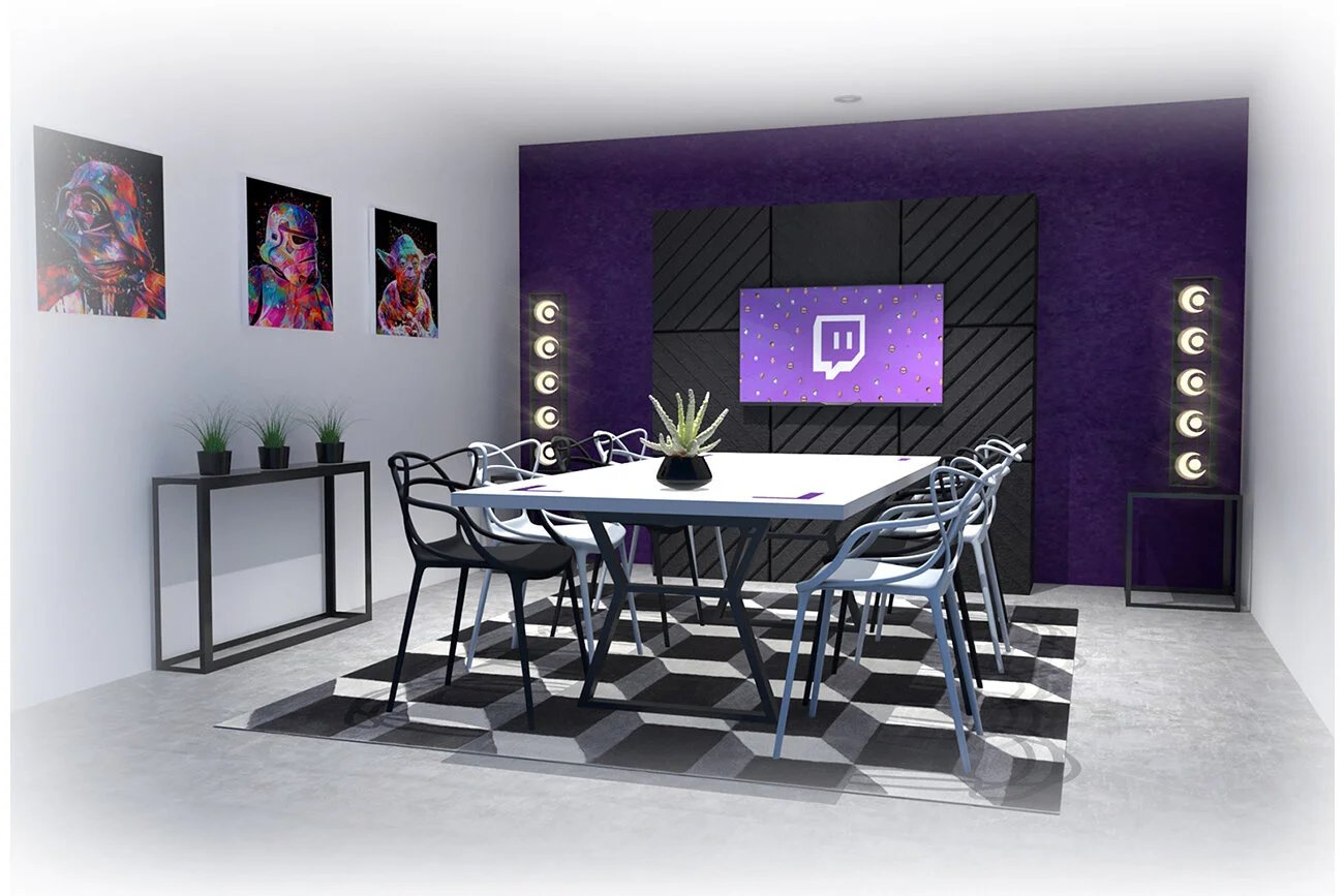Gaming inspired themed meeting room for Twitch